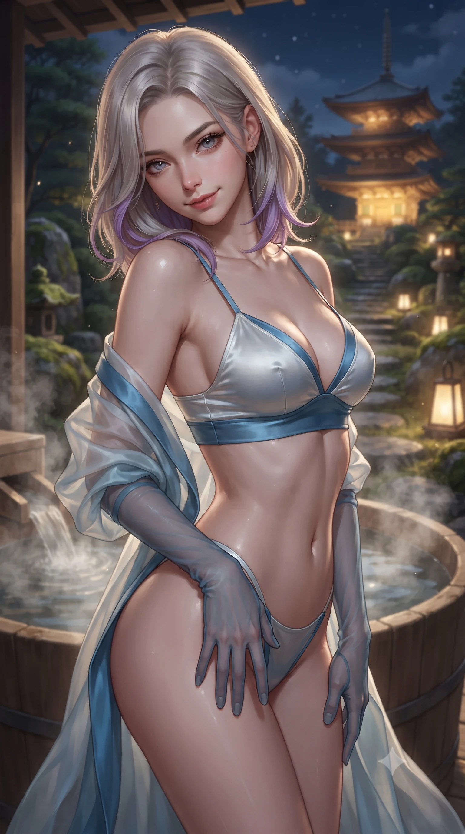 score_9, masterpiece, best quality, ultra-detailed, high-budget anime keyframe, editorial fashion photography, tasteful artistic composition, Caucasian woman. close-up cowboy shot from the waist and thighs up, the character dominates the composition, filling the frame with her large presence. tilting her head with a teasing half-smile, running one hand slowly down the side of her hip in a flirtatious S-curve as ambient light caresses her silhouette while twisting her slender torso in an alluring S-curve beside the steaming open-air cedar tub, moonlight and steam swirling around her narrow waist. The background shows a soft-focus billowing thermal steam softened in private Higashiyama Zen estate shallow focus. She has an exceptionally elegant, slender, and willowy female figure with an ultra-slim waist, flat toned midriff, narrow ribcage, and sculpted feminine hips creating an alluring, slim hourglass silhouette without bulk. sharp v-shaped jawline, high-bridge nose, intricate jewel-like sparkling eyes with depth, thick eyelashes, glossy parted lips with a natural peach sheen, bright cheerful beaming smile with an enchanting and coquettish sensual glint, exuding both youthful cute charm and seductive allure, flawlessly proportioned anatomical accuracy, strict slender model proportions, natural body alignment, perfectly sculpted long slender limbs, ultra-slim waistline, clean dynamic posture without body distortion. wearing a flowing gossamer silk organza boudoir peignoir slipping off one shoulder over a form-fitting satin bralette in Santorini whitewashed alabaster and Aegean caldera blue, crafted from fluid liquid silk satin that clings smoothly to her narrow waist and rounded hips with a dewy sheen, complemented by sheer opera-length evening gloves tracing her slender arms, the high-slit wrap tailoring accentuating her ultra-slim waistline and the enchanting curve of her feminine hips with alluring seductive charm. bathed in golden floodlights illuminating the ancient wooden pagoda balanced with soft garden uplights. ultra-reflective glossy finish, specular highlights, rich textural contrasts, high-contrast stereoscopic depth, volumetric dynamic lighting, 2k, ultra detail, master piece, 9:16 ratio