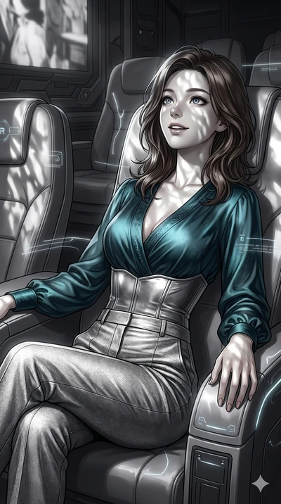 score_9, masterpiece, best quality, ultra-detailed, high-budget anime keyframe, Korean woman. Upper body close-up from the thighs up, character filling the screen for maximum presence. Inside a virtual reality theater showing a classic movie, leaning