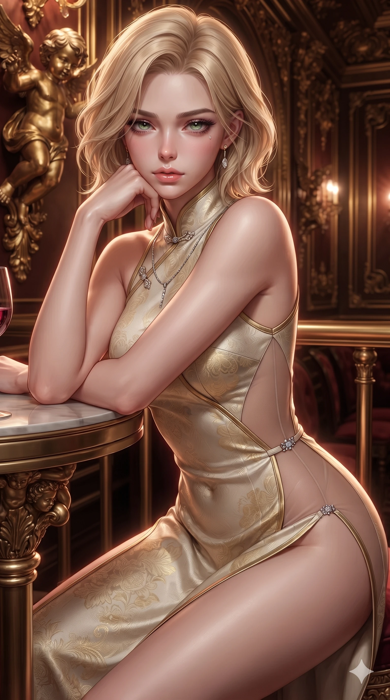 score_9, masterpiece, best quality, ultra-detailed, high-budget anime keyframe, editorial fashion photography, tasteful artistic composition, Caucasian woman. close-up cowboy shot from the waist and thighs up, the character dominates the composition, filling the frame with her large presence. resting one elbow on the table and supporting her chin, leaning close to the camera with heavy-lidded sparkling eyes and parted lips while twisting her slender torso in an alluring S-curve, glowing stage footlights from below tracing her flat midriff and hourglass curves. The surrounding environment is rendered in vivid detail and crisp panoramic clarity: sharp carved rococo gold-leaf cherubs, heavy velvet weave texture, and polished brass railing brackets in deep focus. She has an exceptionally elegant, slender, and willowy female figure with an ultra-slim waist, flat toned midriff, narrow ribcage, and sculpted feminine hips creating an alluring, slim hourglass silhouette without bulk. sharp v-shaped jawline, high-bridge nose, intricate jewel-like sparkling eyes with depth, thick eyelashes, glossy parted lips with a natural sheen, intensely captivating and seductive bedroom-eyes expression, exuding both youthful cute charm and sovereign luxury allure, flawlessly proportioned anatomical accuracy, strict slender model proportions, natural body alignment, perfectly sculpted long slender limbs, ultra-slim waistline, clean dynamic posture without body distortion. wearing an alluring high-slit wrap cheongsam secured by miniature jeweled clasps and revealing the curve of her hip in Istrian stone cream and antique gold-leaf, featuring strategic sheer-illusion tulle side panels framing her ribcage and hips, accented with a chrome-drop body harness subtly framing her dewy collarbones and spine, the form-contouring material adhering flawlessly to her sculpted flat midriff and slender torso, emphasizing her long leg lines and perfectly proportioned willowy build. illuminated by velvet railing bounce and sharp gold-crimson rim lights defining her razor-sharp jawline, narrow waist, and curvy hips. ultra-reflective glossy finish, specular highlights, rich textural contrasts, high-contrast stereoscopic depth, volumetric dynamic lighting, 2k, ultra detail, master piece, 9:16 ratio