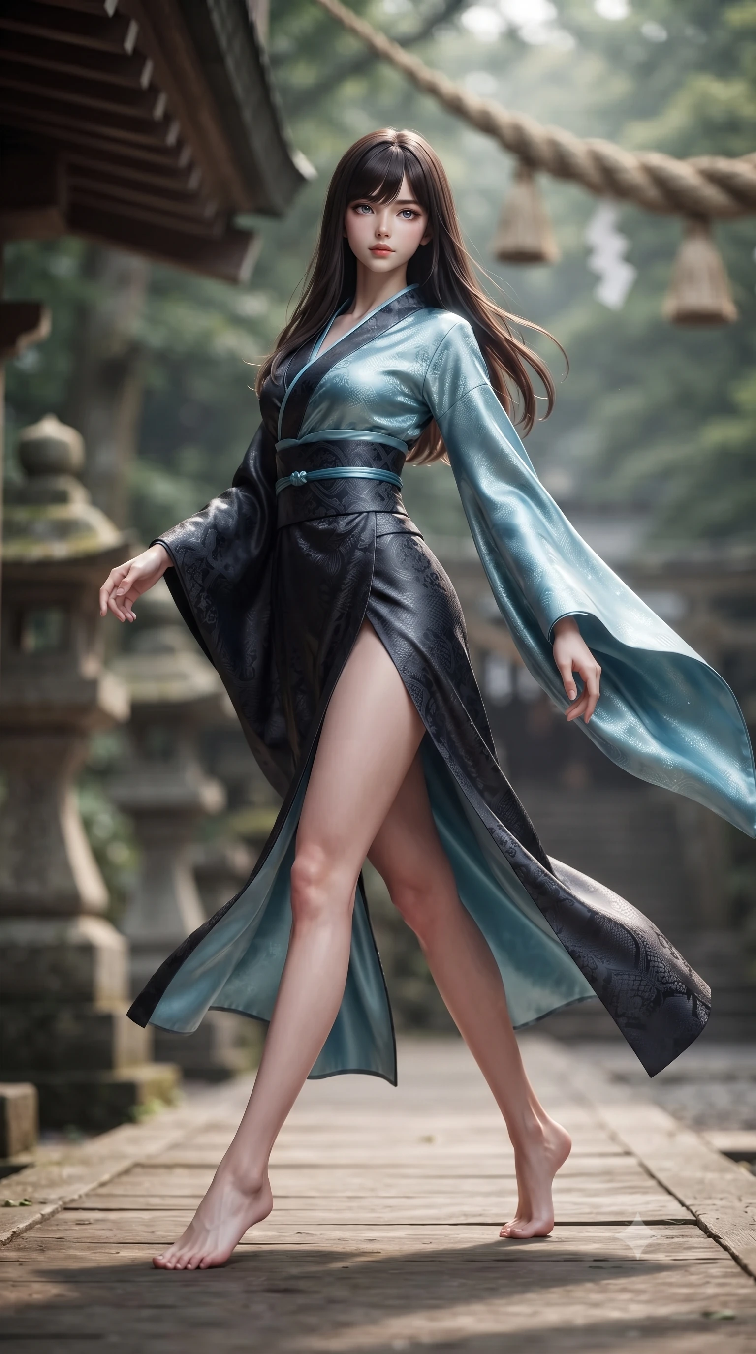 score_9, masterpiece, best quality, ultra-detailed, high-budget anime keyframe, editorial fashion photography, tasteful artistic composition, Korean woman. low angle full-body shot from head to toe showing her feet, filling the entire 9:16 vertical frame with her statuesque presence, stretching her vertical silhouette. stepping forward gracefully in mid-motion, displaying her toned flat midriff and flawlessly sculpted slender limbs while pivoting dynamically as sacred shimenawa ropes sway in the mountain wind, her flowing silk sleeves catching the celestial glow. The composition keeps background elements in soft focus with creamy bokeh. glowing stone lanterns and wooden shrine eaves softened in cinematic shallow depth of field. She has an absolutely perfect, statuesque 8.5-heads proportion, an exceptionally tall and slender model-like female figure with impossibly long slender legs, a toned flat midriff, and an ultra-slim waist. sharp v-shaped jawline, high-bridge nose, intricate jewel-like eyes with depth, thick eyelashes, glossy lips with a natural sheen, captivating and magnetic expression, flawlessly proportioned anatomical accuracy, strict slender model proportions, natural body alignment, perfectly sculpted long slender limbs, ultra-slim waistline, clean dynamic posture without body distortion. wearing a traditional-modern silk fusion wrap dress with asymmetric trailing sleeves and waist-cinching obi in dark ink-wash black and radiant moonlight cyan, made of rich textured jacquard silk with dragon scale weave, accented with a glowing metallic norigae knot charm and silver hairpin, the form-contouring material adhering flawlessly to her sculpted flat midriff and slender torso, emphasizing her long leg lines and perfectly proportioned willowy build. illuminated by crisp directional rim lighting accentuating her slender curves, bare spine, and flowing robes. ultra-reflective glossy finish, specular highlights, rich textural contrasts, high-contrast stereoscopic depth, volumetric dynamic lighting, 2k, ultra detail, master piece, 9:16 ratio