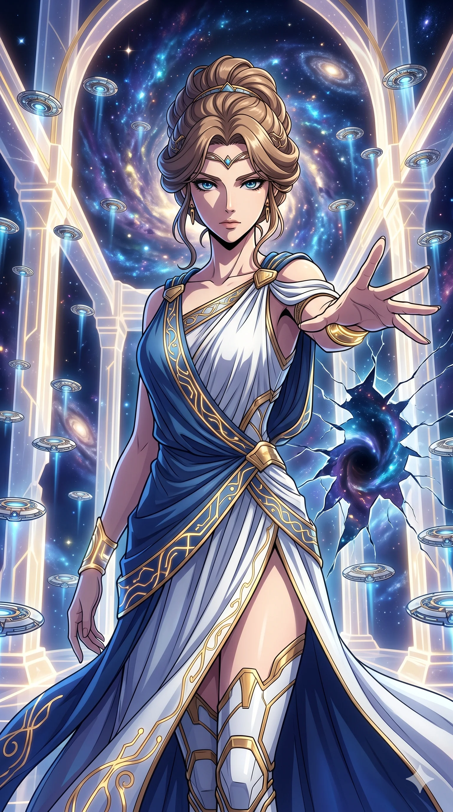 score_9, masterpiece, best quality, ultra-detailed, Set A: High-budget Anime Keyframe, Caucasian (human ears) woman. Upper body close-up from the thighs up, character filling the screen for maximum presence. Theme: Abstract Cosmic. shattering the fabric of reality in a temple made of solid light, surrounded by 149 hovering guardian drones. The atmosphere is filled with a swirling vortex of stars. She has an absolutely perfect 8-heads proportion, an exceptionally tall and slender female figure with impossibly long slender legs and an ultra-slim waist. Sharp v-shaped jawline, high-bridge nose, intricate jewel-like eyes with depth, glossy lips. Wearing Ancient Roman-style tech-toga with glowing gold filigree and a high side slit. Cinematic lighting, vivid colors, dramatic shadows, 2k, ultra detail, master piece, 9:16 ratio