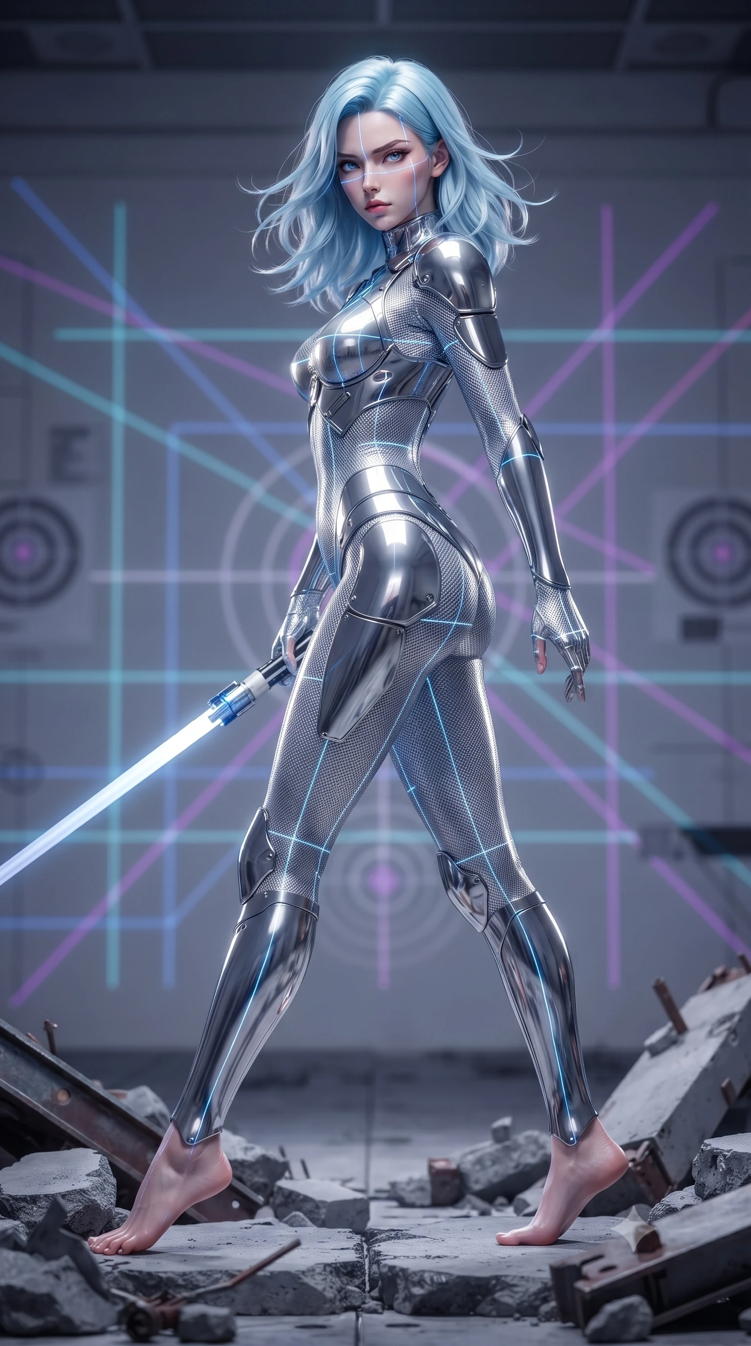 score_9, masterpiece, best quality, ultra-detailed, high-budget anime keyframe, editorial fashion photography, tasteful artistic composition, Korean woman. low angle full-body shot from head to toe showing her feet, filling the entire 9:16 vertical frame with her statuesque presence, stretching her vertical silhouette. stepping gracefully through battlefield debris with a glowing saber hilt in hand, looking back over her shoulder, the background shows a soft-focus a target calibration bay with grids of laser lines projected on white walls. She has an absolutely perfect, statuesque 8.5-heads proportion, an exceptionally tall and slender model-like female figure with impossibly long slender legs and an ultra-slim waist. sharp v-shaped jawline, high-bridge nose, intricate jewel-like eyes with depth, thick eyelashes, glossy lips with a natural sheen. wearing a body-hugging delicate silver nano-mesh bodysuit with strategically placed chrome armor plate guards covering key curves. focused blue laser lines tracing her form with precision, casting gridlines. ultra-reflective glossy finish, specular highlights, metallic sheen, high-contrast stereoscopic depth, volumetric dynamic lighting, 2k, ultra detail, master piece, 9:16 ratio