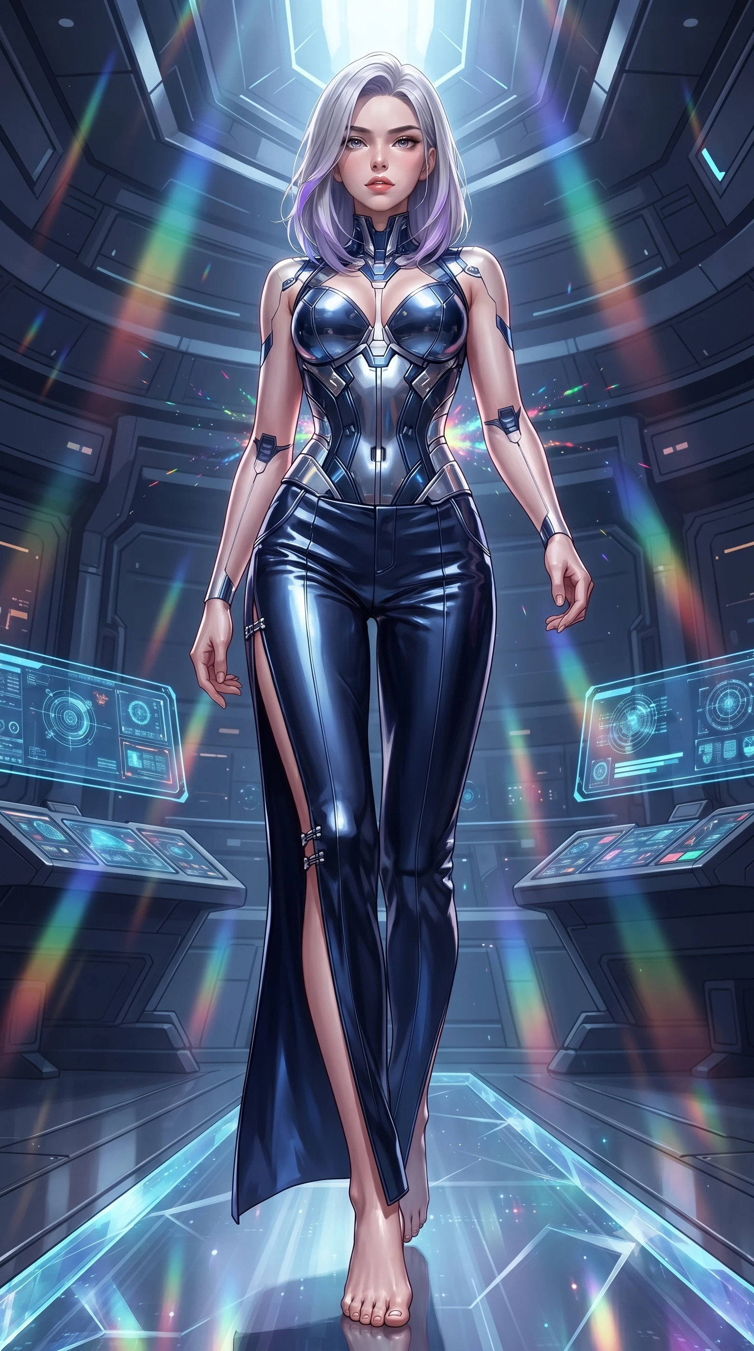score_9, masterpiece, best quality, ultra-detailed, high-budget anime keyframe, editorial fashion photography, tasteful artistic composition, Caucasian woman. low angle full-body shot from head to toe showing her feet, filling the entire 9:16 vertical frame with her statuesque presence, stretching her vertical silhouette. striding forward with commanding supermodel grace, her 8.5-heads statuesque silhouette dominating the vertical frame from head to toe while drifting gracefully along a crystalline energy conduit as bursts of rainbow subatomic particles illuminate her contour. The surrounding environment is rendered in vivid detail and crisp panoramic clarity. intricate warp core containment field lattices, starship bridge consoles, and prism light shafts in high clarity. She has an absolutely perfect, statuesque 8.5-heads proportion, an exceptionally tall and slender model-like female figure with impossibly long slender legs, a toned flat midriff, and an ultra-slim waist. sharp v-shaped jawline, high-bridge nose, intricate jewel-like eyes with depth, thick eyelashes, glossy lips with a natural sheen, flawlessly proportioned anatomical accuracy, strict slender model proportions, natural body alignment, perfectly sculpted long slender limbs, ultra-slim waistline, clean dynamic posture without body distortion. wearing a structured translucent cyber-corset paired with tailored high-fashion satin trousers that sharply cinch her ultra-slim waist in deep midnight navy blue and pure starlight chrome, crafted from ultra-reflective second-skin liquid metal with a mirror-like polish, finished with an ultra-high side slit secured by miniature magnetic clasps, the sleek second-skin cut tightly hugging her graceful clavicle, narrow waist, and feminine curves with athletic precision. illuminated by intense directional rim lights sharply defining her ultra-slim waist, long legs, and flat midriff. ultra-reflective glossy finish, specular highlights, dark metallic sheen, high-contrast stereoscopic depth, volumetric dynamic lighting, 2k, ultra detail, master piece, 9:16 ratio