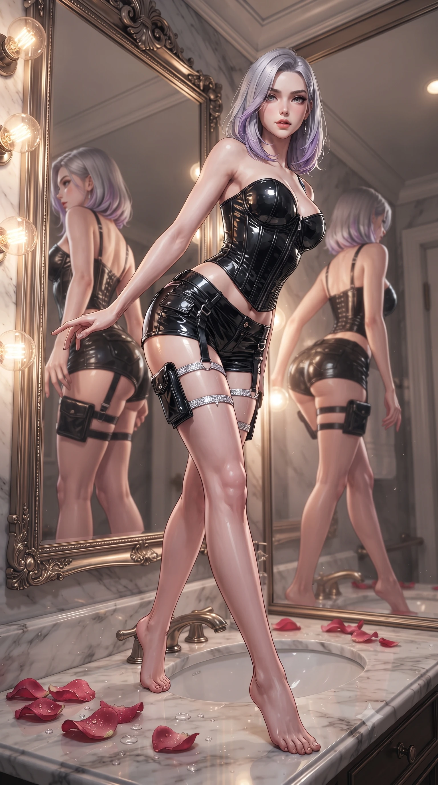 score_9, masterpiece, best quality, ultra-detailed, high-budget anime keyframe, editorial fashion photography, tasteful artistic composition, Caucasian woman. low angle full-body shot from head to toe showing her feet, filling the entire 9:16 vertical frame with her statuesque presence, stretching her vertical silhouette. stepping slowly toward the camera with hypnotic grace, hips swaying in an alluring sensual rhythm that accentuates her curvy hourglass silhouette and long slender legs while leaning forward over the marble vanity counter while arching her lower back to accentuate her curvy hips, admiring her reflection. The surrounding environment is rendered in vivid detail and crisp panoramic clarity: sharp glass mirror reflection clarity, incandescent bulb filament glow, and fresh rose petal water droplets in deep focus. She has an absolutely perfect, statuesque 8.5-heads proportion, an exceptionally tall and slender model-like female figure with impossibly long slender legs, an ultra-slim waist, a flat toned midriff, narrow delicate ribcage, and beautifully sculpted feminine hips creating a graceful, slim hourglass silhouette without any bulky heaviness. sharp v-shaped jawline, high-bridge nose, sparkling eyes with hypnotic seductive depth, thick curled eyelashes, glossy parted lips with a natural dewy peach sheen, alluring bedroom-eyes with an enchanting coquettish smile, exuding magnetic siren charisma and sophisticated glamour, flawlessly proportioned anatomical accuracy, strict slender model proportions, natural body alignment, perfectly sculpted long slender limbs, ultra-slim waistline, clean dynamic posture without body distortion. wearing a structured boned tactical leatherette corset bodice paired with low-rise cargo hot-pants and thigh holster straps in high-contrast monochrome black and optic white, crafted from wet-look high-gloss vinyl fabric with dazzling specular surface reflections, finished with delicate crystal-encrusted thigh garter straps glinting under the lights, the high-slit wrap tailoring accentuating her ultra-slim waistline and the enchanting curve of her feminine hips with alluring seductive charm. illuminated by marble vanity bounce and sharp platinum-gold rim lights sculpting her jawline, ultra-slim waist, and curvy hips. ultra-reflective glossy finish, specular highlights, rich textural contrasts, high-contrast stereoscopic depth, volumetric dynamic lighting, 2k, ultra detail, master piece, 9:16 ratio