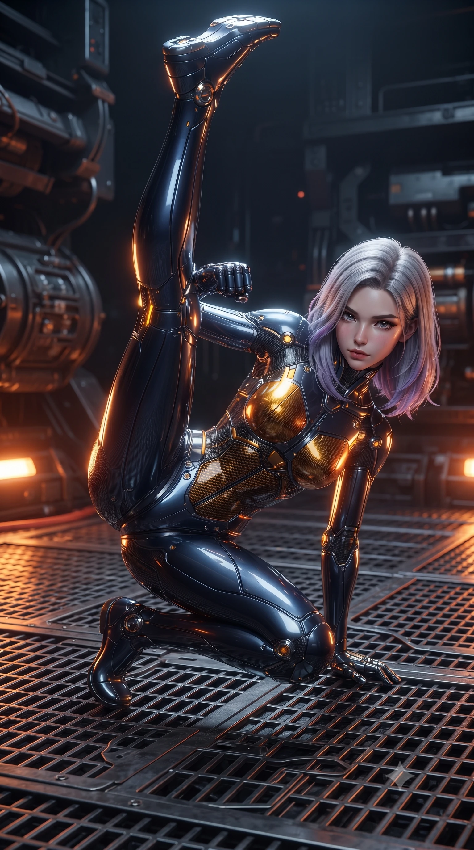 score_9, masterpiece, best quality, ultra-detailed, high-budget anime keyframe, editorial fashion photography, tasteful artistic composition, Caucasian woman. low angle full-body shot from head to toe showing her feet, filling the entire 9:16 vertical frame with her statuesque presence, stretching her vertical silhouette. executing a breathtaking zero-gravity high-kick with full 180-degree vertical extension, her impossibly long slender legs dominating the frame with razor-sharp poise while landing in a low crouched stance with one fist planted on the metal grating, looking up with a dangerous, alluring smolder. The surrounding environment is rendered in vivid detail and crisp panoramic clarity. sharp heat-resistant carbon armor plate seams, glowing amber joint LED channels, and iron grating in deep focus. She has an absolutely perfect, statuesque 8.5-heads proportion, an exceptionally tall and slender model-like female figure with impossibly long slender legs, a toned flat midriff, and an ultra-slim waist. sharp v-shaped jawline, high-bridge nose, intricate jewel-like eyes with depth, thick eyelashes, glossy lips with a natural sheen, flawlessly proportioned anatomical accuracy, strict slender model proportions, natural body alignment, perfectly sculpted long slender limbs, ultra-slim waistline, clean dynamic posture without body distortion. wearing a statuesque midnight cobalt carbon-fiber battle-suit with platinum trim, reinforced kinetic palm plates, and an ultra-slim waistline in molten amber-gold carbon cuirass with dark titanium weave, made of lightweight aerodynamic carbon-titanium alloy with polished edge bevels, detailed with magnetic knuckle shock-absorbers and polished chrome articulation joints, the sleek second-skin cut tightly hugging her graceful clavicle, narrow waist, and feminine curves with athletic precision. bathed in blazing orange magma uplights and warm amber reactor ambient radiance. ultra-reflective glossy finish, specular highlights, dark metallic sheen, high-contrast stereoscopic depth, volumetric dynamic lighting, 2k, ultra detail, master piece, 9:16 ratio