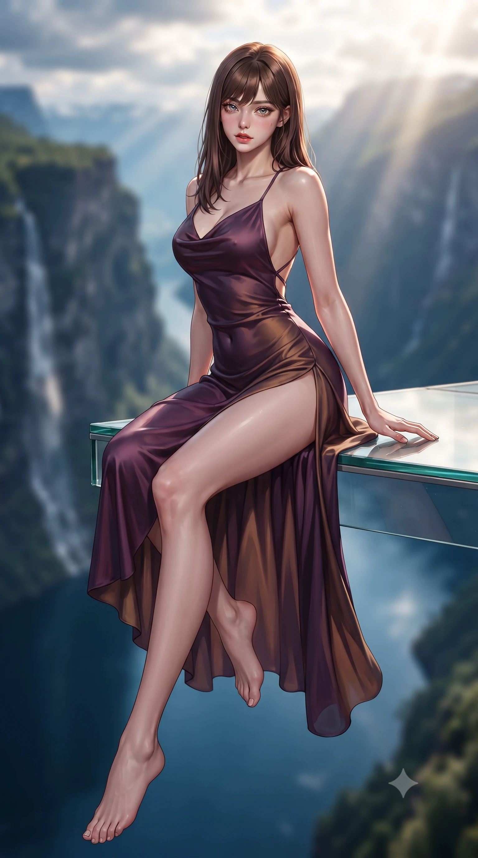 score_9, masterpiece, best quality, ultra-detailed, high-budget anime keyframe, semi-realistic 3D game render, editorial fashion photography, tasteful artistic composition, Korean woman. low angle full-body shot from head to toe showing her feet, filling the entire 9:16 vertical frame with her statuesque presence, stretching her vertical silhouette. sitting perched on the elevated edge with hips angled toward the camera and legs crossed, displaying her toned midriff and flawlessly sculpted slender limbs while standing poised on the cantilevered glass viewing platform suspended 1,000 meters above the deep blue fjord, arching her back with fearless supermodel grace. The composition keeps background elements in soft focus with creamy bokeh. sheer vertical fjord rock walls and cascading waterfalls blurred into deep cobalt, emerald, and misty white bokeh. She has an exceptionally tall and slender model-like 8.5-heads proportion, an ultra-slim waist, a flat toned midriff, narrow delicate ribcage, and beautifully sculpted feminine hips creating a graceful, slim hourglass silhouette without any bulky heaviness, with impossibly long slender legs. sharp v-shaped jawline, high-bridge nose, intricate jewel-like eyes with depth, thick eyelashes, glossy parted lips with a natural sheen, intensely captivating and seductive bedroom-eyes expression, flawlessly proportioned anatomical accuracy, strict slender model proportions, natural body alignment, perfectly sculpted long slender limbs, ultra-slim waistline, clean dynamic posture without body distortion. wearing a backless cowl-neck satin slip dress featuring high-cut side hip slits and delicate criss-cross back straps in deep plum violet and antique bronze, woven from layered gossamer chiffon with a weightless sweeping drape, finished with criss-cross back satin straps highlighting her graceful shoulder blades, the liquid-tight tailored fabric clinging flawlessly to her narrow waist and rounded feminine hips, emphasizing every millimeter of her sculpted slim hourglass curves without any bulky heaviness. bathed in dramatic Scandinavian late afternoon sunbeams breaking through high alpine clouds. highly saturated vibrant anime colors, detailed shading with soft gradients, rich glossy textures, high-contrast stereoscopic depth, volumetric dynamic lighting, master piece, 9:16 ratio