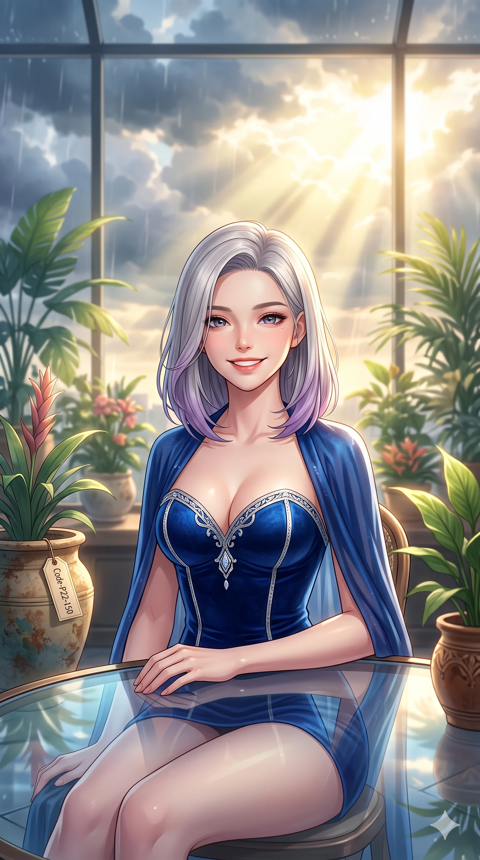 score_9, masterpiece, best quality, ultra-detailed, high-budget anime keyframe, vibrant anime aesthetic, Caucasian woman, strictly human ears. close-up cowboy shot from the waist and thighs up, the character dominates the composition, filling the frame with her large presence, background elements kept in soft focus. She is sitting by a glass greenhouse table, smiling warmly at the camera, her eyes shining with genuine joy with a lively, expressive stance. the background shows a soft-focus luxury penthouse conservatory with a panoramic glass wall showing rain clouds parting for a golden sunset (Code-P22-150). She has an absolutely perfect proportion, an exceptionally elegant and slender female figure with an ultra-slim waist. V-shaped jawline, high-bridge nose, intricate jewel-like eyes with depth, thick eyelashes, glossy lips with a natural sheen. wearing a structured velvet bodice with a sweetheart neckline combined with a delicate wrap in sapphire blue and silver trim. She is bathed in brilliant midday sunbeams breaking through storm clouds, creating a glowing aura, creating a cinematic, high-budget anime lighting effect inside the retro conservatory cafe. 2k, ultra detail, master piece, 9:16 ratio