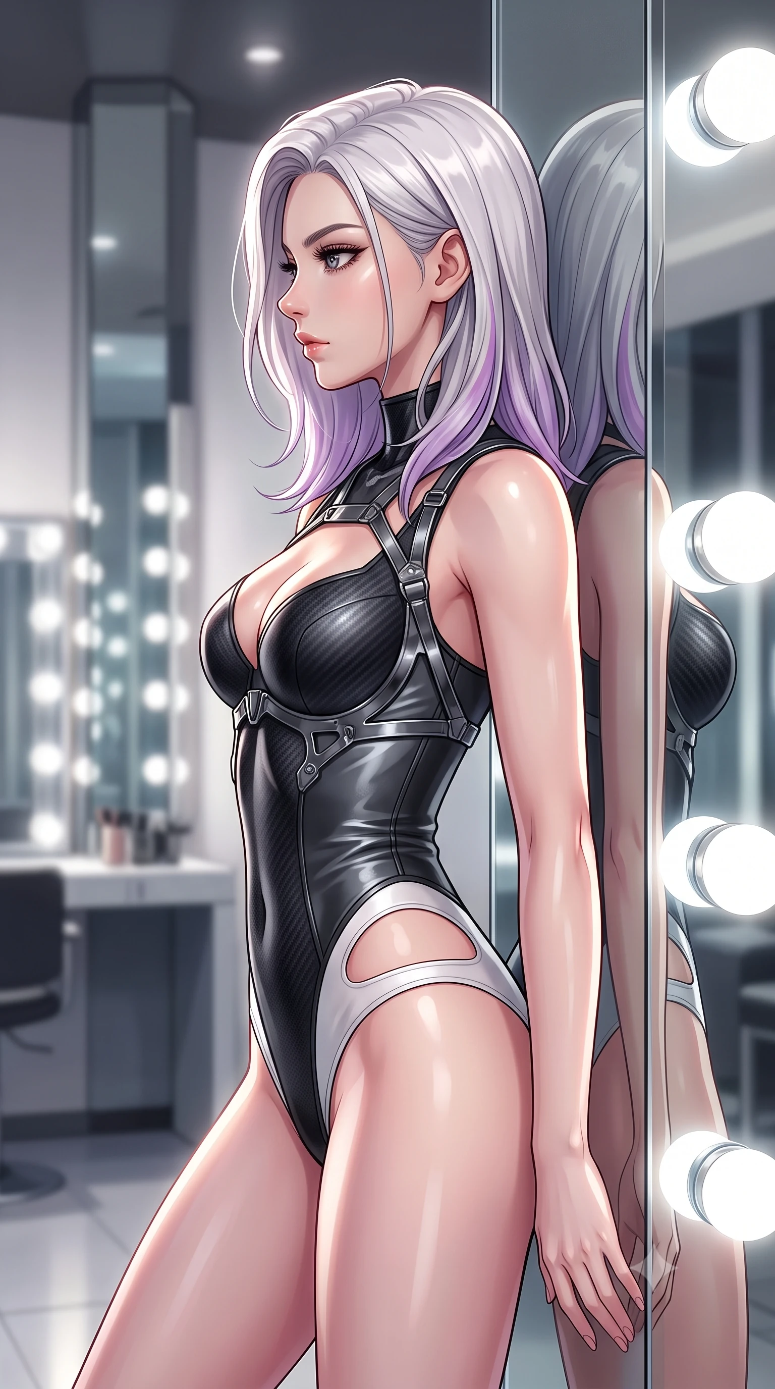 score_9, masterpiece, best quality, ultra-detailed, high-budget anime keyframe, editorial fashion photography, tasteful artistic composition, Caucasian woman. close-up cowboy shot from the waist and thighs up, the character dominates the composition, filling the frame with her large presence, background elements kept in soft focus. Turning her face in sharp dramatic profile against the key light, resting against a mirrored pillar as daylight vanity bulbs illuminate her silhouette, bright daylight vanity bulbs creating intense circular rim highlights on skin. She has an exceptionally elegant, slender, and willowy female figure with an ultra-slim waist, a gracefully sculpted slender torso, and a refined silhouette. sharp v-shaped jawline, high-bridge nose, intricate jewel-like eyes with depth, thick eyelashes, glossy lips with a natural sheen. wearing sculpted structured cup bodysuit in matte black carbon-fiber with hip cutouts in pearl white, made of liquid dark mercury jersey, highlighted by a gunmetal metallic harness structure, sculpting her athletic slender build with refined precision. bathed in high-contrast specular reflections against bright mirror space. highly saturated vibrant anime colors, detailed shading with soft gradients, rich glossy textures, high-contrast stereoscopic depth, volumetric dynamic lighting, master piece, 9:16 ratio