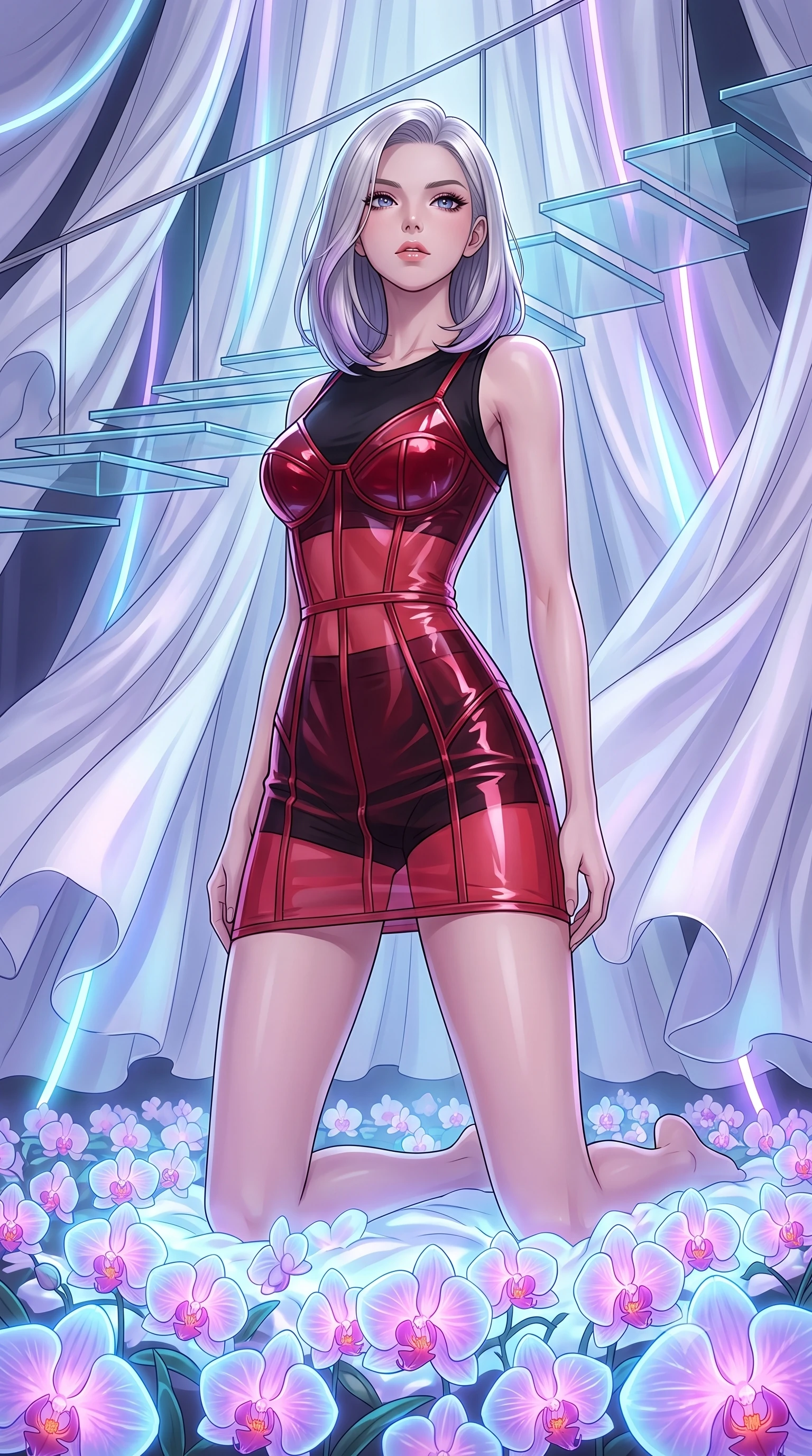 score_9, masterpiece, best quality, ultra-detailed, High-budget Anime Keyframe, Caucasian woman, strictly human ears. Dynamic full-body shot stretching the vertical silhouette to the limit. Scenario 431: kneeling on a soft bed of glowing neon orchids under a luxury sky-lounge with floating glass platforms and white silk drapes. Her presence is magnetic and overpowering in this high-budget anime scene. Outfit 431: a form-contouring crimson red translucent PVC corset dress worn over an opaque crop top and high-waisted shorts. The clothing is designed to emphasize her exceptionally tall and slender 8-heads proportion. 8-heads proportion, towering silhouette, ultra-slim waist. sharp v-shaped jawline, intricate jewel-like eyes with depth, thick eyelashes, glossy lips. 2k, ultra detail, master piece, 9:16 ratio