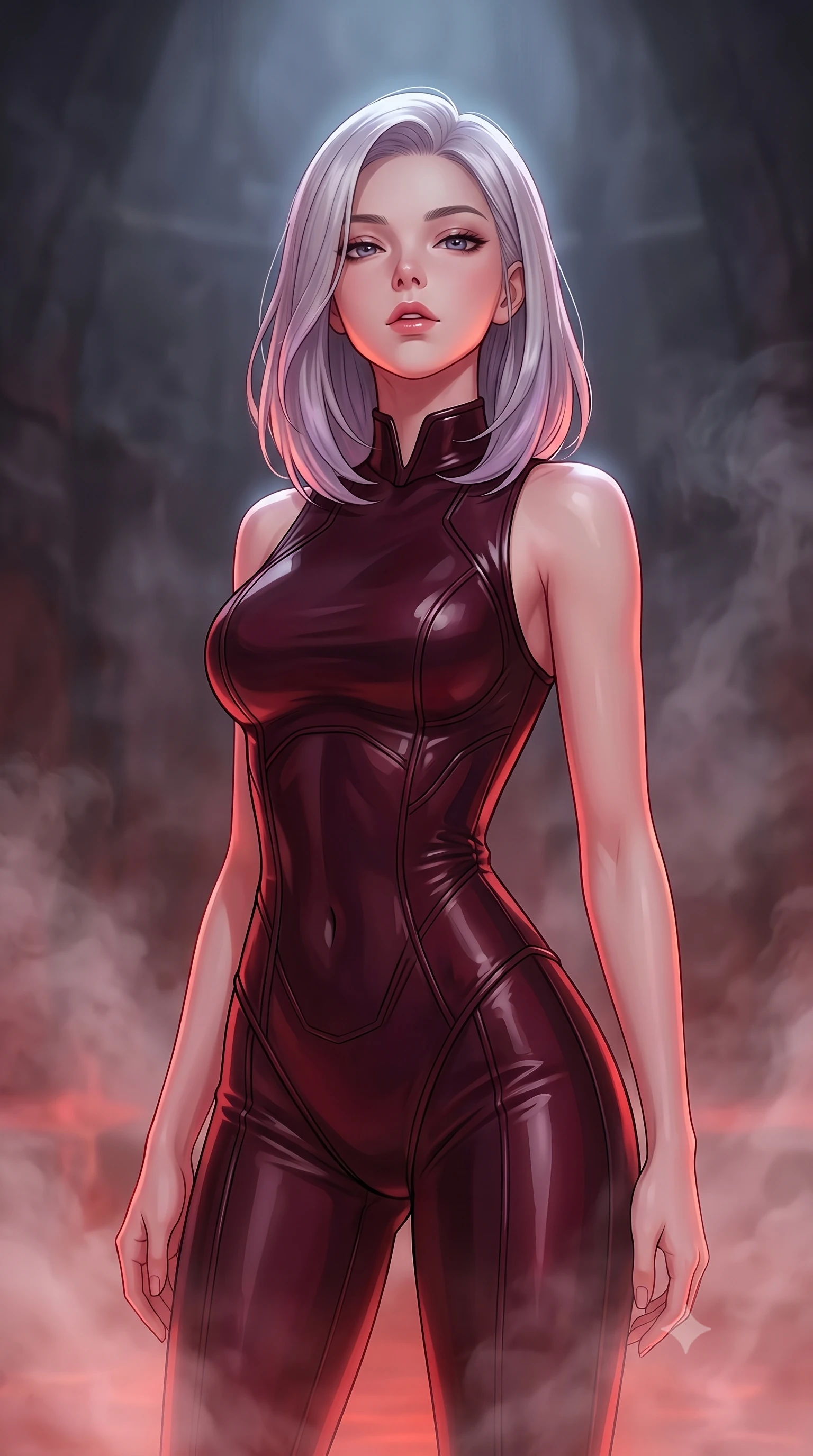 score_9, masterpiece, best quality, ultra-detailed, high-budget anime keyframe, editorial fashion photography, tasteful artistic composition, Caucasian woman woman. close-up cowboy shot from the waist and thighs up, the character dominates the composition, filling the frame with her large presence, background elements kept in soft focus. She has an exceptionally elegant, slender, and willowy female figure with an ultra-slim waist, a gracefully sculpted slender torso, and a refined silhouette. tilting her chin up slightly with lips parted in a composed and alluring expression, flawlessly proportioned anatomical accuracy, natural body alignment, perfectly sculpted elegant limbs, clean dynamic posture without body distortion. set against a soft-focus background of a dark basalt thermal bath chamber with rising mineral steam. wearing a form-fitting dark burgundy vinyl bodycon outfit with a high collar line. bathed in warm crimson furnace glow from below contrasting with cool top ambient light. highly saturated vibrant anime colors, detailed shading with soft gradients, rich glossy textures, high-contrast stereoscopic depth, volumetric dynamic lighting, master piece, 9:16 ratio