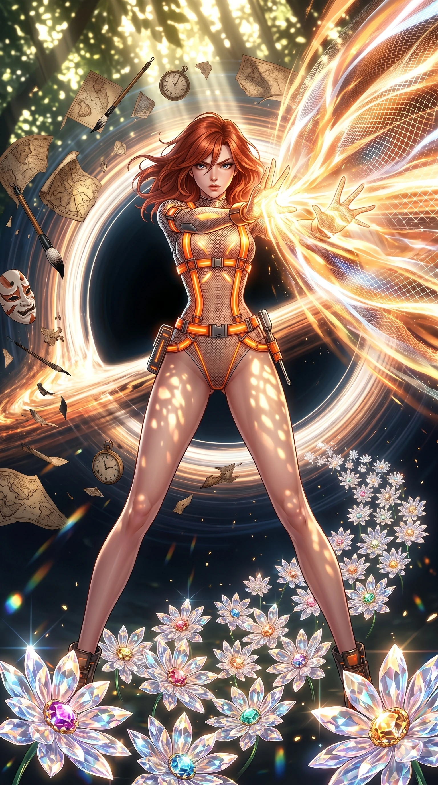 score_9, masterpiece, best quality, ultra-detailed, Set A: High-budget Anime Keyframe, Japanese woman. Low angle cowboy shot filling the entire 9:16 frame with her statuesque presence. Theme: Historical Remix. unleashing a massive energy wave in the edge of a black hole, while she leaves a trail of 26 blooming crystal flowers. The atmosphere is filled with cinematic sunlight through leaves. She has an absolutely perfect 8-heads proportion, an exceptionally tall and slender female figure with impossibly long slender legs and an ultra-slim waist. Sharp v-shaped jawline, high-bridge nose, intricate jewel-like eyes with depth, glossy lips. Wearing Industrial worker-chic with a glowing orange harness over a mesh bodysuit. Cinematic lighting, vivid colors, dramatic shadows, 2k, ultra detail, master piece, 9:16 ratio