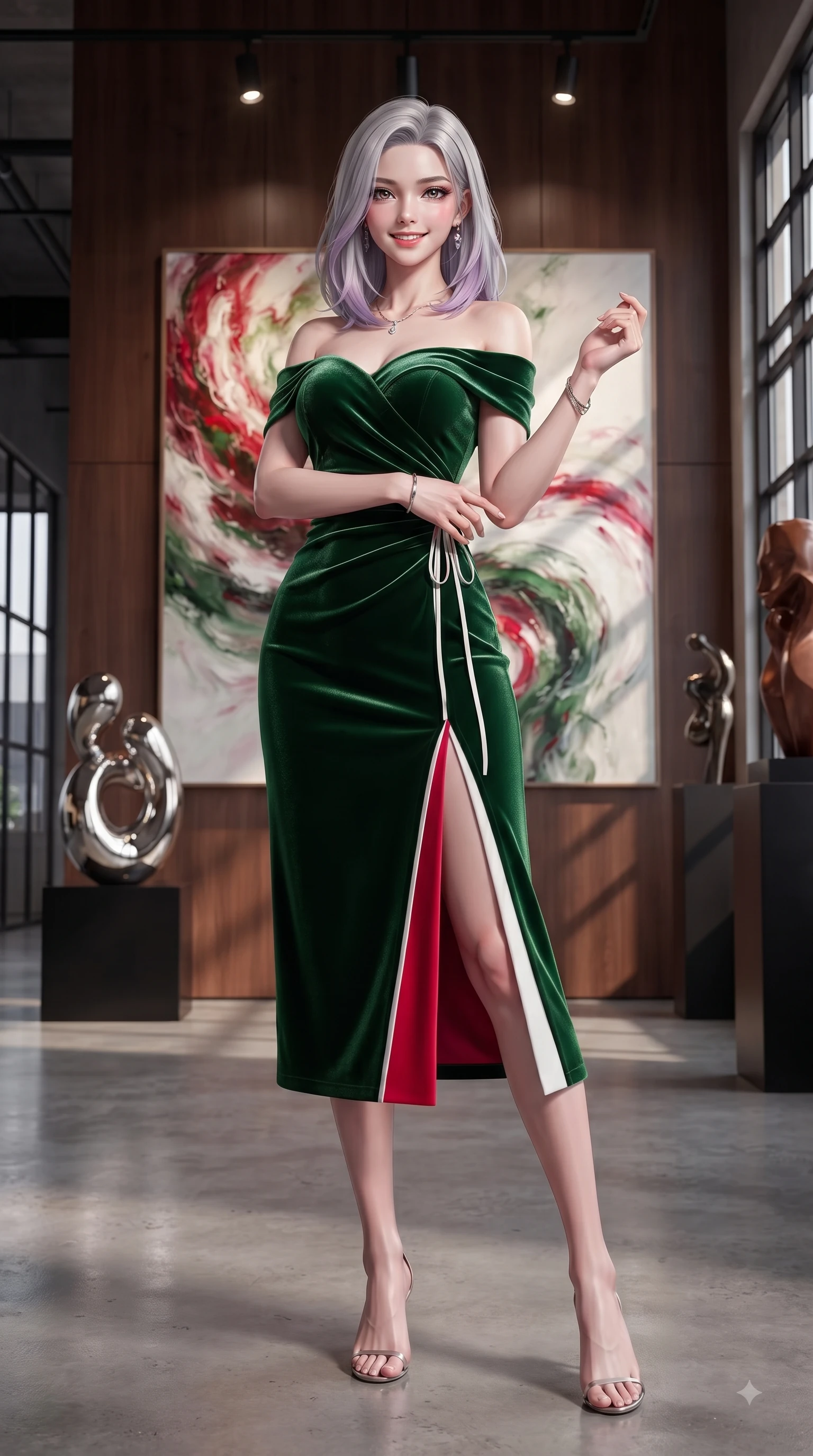 score_9, masterpiece, best quality, ultra-detailed, high-budget anime keyframe, editorial fashion photography, tasteful artistic composition, Caucasian woman. low angle full-body shot from head to toe showing her feet, filling the entire 9:16 vertical frame with her statuesque presence, stretching her vertical silhouette. Youthful cheerful smile exuding cute playful charm and radiant sparkle in her eyes while pausing dramatically near a large abstract oil painting with a magnetic editorial gaze. The surrounding environment is rendered in vivid detail and crisp panoramic clarity. sleek designer sculptures, industrial window frames, and crisp spotlight reflections in deep focus. She has an absolutely perfect, statuesque 8.5-heads proportion, an exceptionally tall and slender model-like female figure with impossibly long slender legs and an ultra-slim waist. sharp v-shaped jawline, high-bridge nose, intricate jewel-like eyes with depth, thick eyelashes, glossy lips with a natural sheen, flawlessly proportioned anatomical accuracy, natural body alignment, perfectly sculpted elegant limbs, clean dynamic posture without body distortion. wearing a vibrant forest green off-shoulder midi dress with a tasteful front slit in vibrant crimson red and crisp snow white, made of premium stretch velvet with a rich glossy sheen, accented with a delicate side waist sash creating fluid lines, the chic fashion cut framing her graceful clavicle and slender torso. illuminated by crisp gallery spotlights and rich mahogany ambient glow. ultra-reflective glossy finish, specular highlights, metallic sheen, high-contrast stereoscopic depth, volumetric dynamic lighting, 2k, ultra detail, master piece, 9:16 ratio
