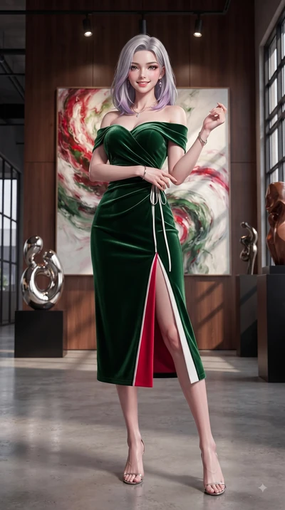 score_9, masterpiece, best quality, ultra-detailed, high-budget anime keyframe, editorial fashion photography, tasteful artistic composition, Caucasian woman. low angle full-body shot from head to toe showing her feet, filling the entire 9:16 vertica