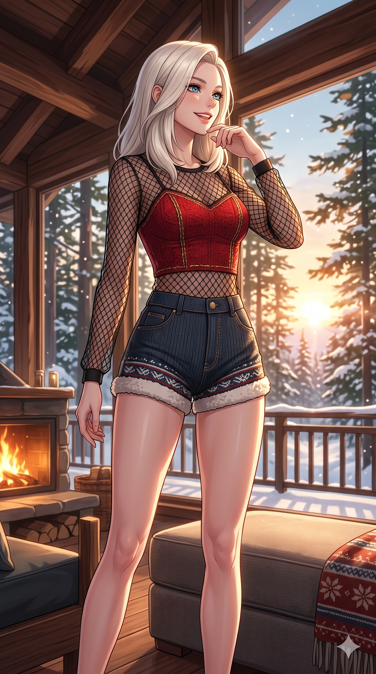 score_9, masterpiece, best quality, ultra-detailed, high-budget anime keyframe, vibrant anime aesthetic, Caucasian woman, strictly human ears. cowboy shot from the thighs up, character and outfit filling the frame for maximum presence. She is standing tall and proud with a lively, smiling face looking at the winter sunset inside a cozy mountain resort deck in the winter morning (Code-P21-189). She has an absolutely perfect 8-heads proportion, an exceptionally tall and slender female figure with impossibly long slender legs and an ultra-slim waist. V-shaped jawline, high-bridge nose, intricate jewel-like eyes with depth, thick eyelashes, glossy lips with a natural sheen. wearing a delicate mesh overlay top worn over a red textured bodice and denim knit shorts in winter. She is bathed in soft morning light that filters through the pine trees of the resort lobby. 2k, ultra detail, master piece, 9:16 ratio