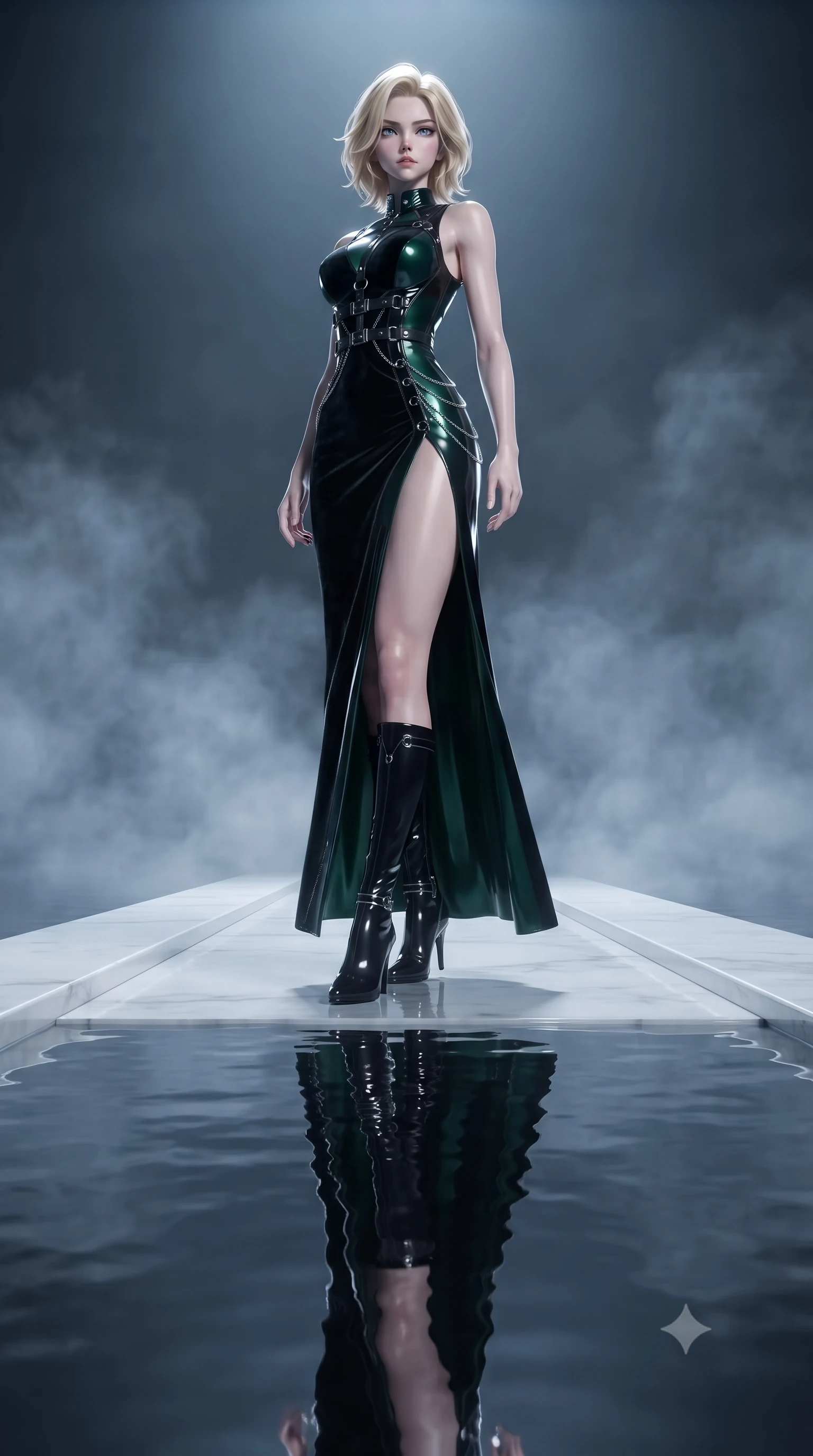 score_9, masterpiece, best quality, ultra-detailed, high-budget anime keyframe, editorial fashion photography, tasteful artistic composition, Caucasian woman. low angle full-body shot from head to toe showing her feet, filling the entire 9:16 vertical frame with her statuesque presence, stretching her vertical silhouette. forging confidently through the floating mist, holding a poised statuesque stance, poised on an alabaster walkway flooded with cold silver moonbeams, water surface creating a clear mirror reflection of her statuesque posture. She has an absolutely perfect, statuesque 8.5-heads proportion, an exceptionally tall and slender model-like female figure with impossibly long slender legs and an ultra-slim waist. sharp v-shaped jawline, high-bridge nose, intricate jewel-like eyes with depth, thick eyelashes, glossy lips with a natural sheen. wearing sculpted form-fitting dark velvet column gown in pitch black in deep emerald green, made of high-gloss liquid vinyl, framed by dark titanium buckles and silver chain details, following her slender form with tailored precision. surrounded by a serene moonlit aura with sharp silver rim lights. ultra-reflective glossy finish, specular highlights, metallic sheen, high-contrast stereoscopic depth, volumetric dynamic lighting, 2k, ultra detail, master piece, 9:16 ratio