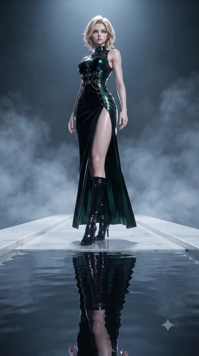 score_9, masterpiece, best quality, ultra-detailed, high-budget anime keyframe, editorial fashion photography, tasteful artistic composition, Caucasian woman. low angle full-body shot from head to toe showing her feet, filling the entire 9:16 vertica