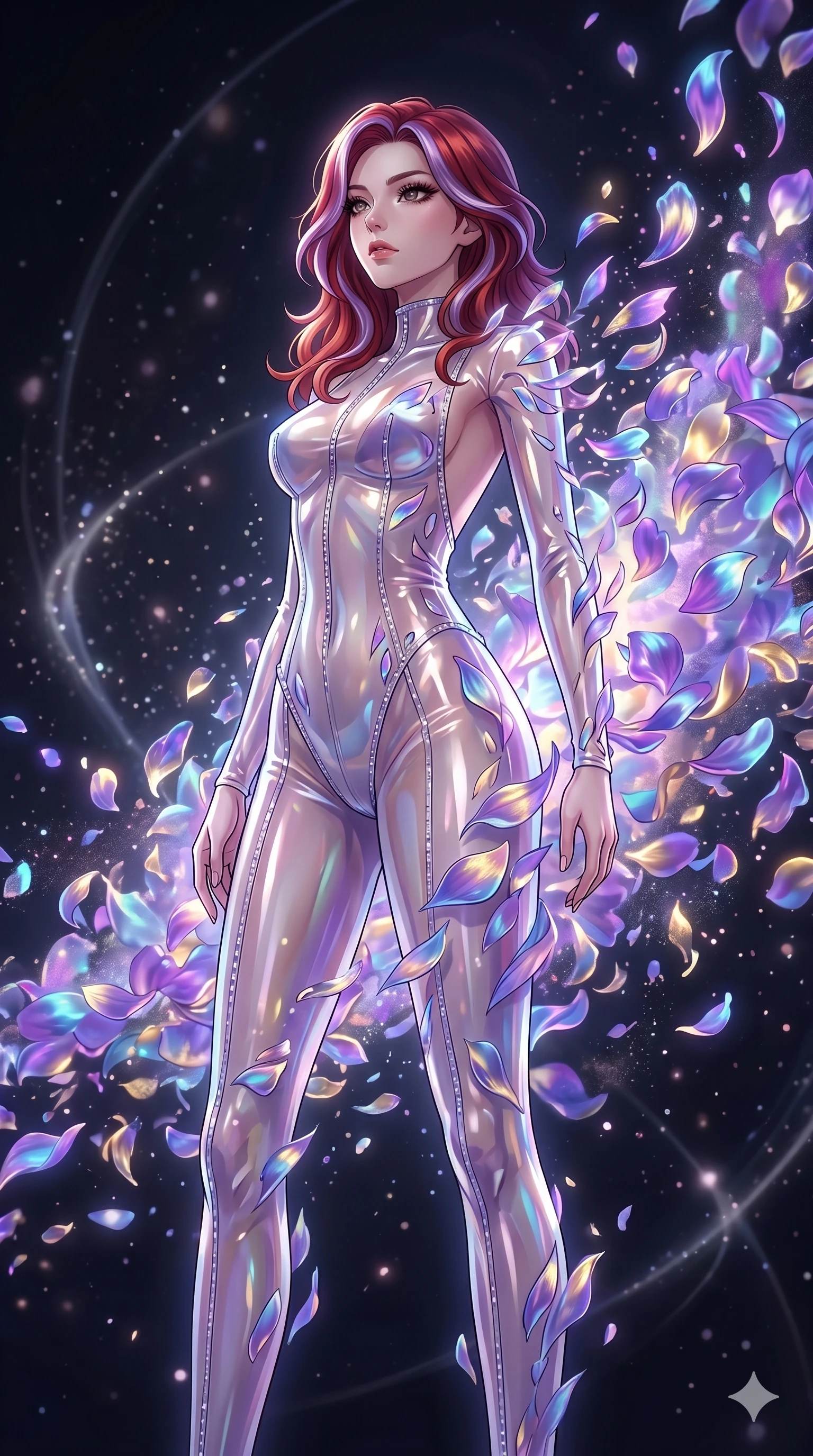 score_9, masterpiece, best quality, ultra-detailed, High-budget Anime Keyframe, East Asian woman. Low angle cowboy shot filling the entire 9:16 frame with her statuesque presence. Scenario 251: Dissolving into a cloud of iridescent silk petals in a void. Her presence is magnetic and overpowering in this high-budget anime scene. Outfit 251: A translucent PVC dangerous with a backless design and tight-fitting silhouette. The clothing is designed to emphasize her exceptionally tall and slender 8-heads proportion. 8-heads proportion, towering silhouette, ultra-slim waist. sharp v-shaped jawline, intricate jewel-like eyes with depth, thick eyelashes, glossy lips. 2k, ultra detail, master piece, 9:16 ratio