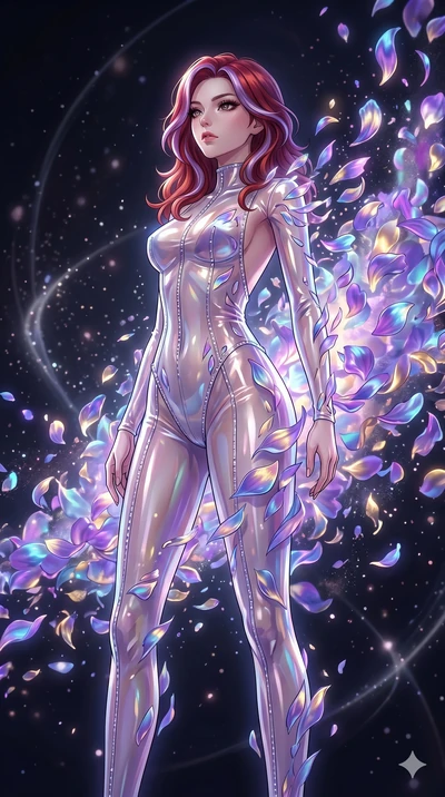 score_9, masterpiece, best quality, ultra-detailed, High-budget Anime Keyframe, East Asian woman. Low angle cowboy shot filling the entire 9:16 frame with her statuesque presence. Scenario 251: Dissolving into a cloud of iridescent silk petals in a v