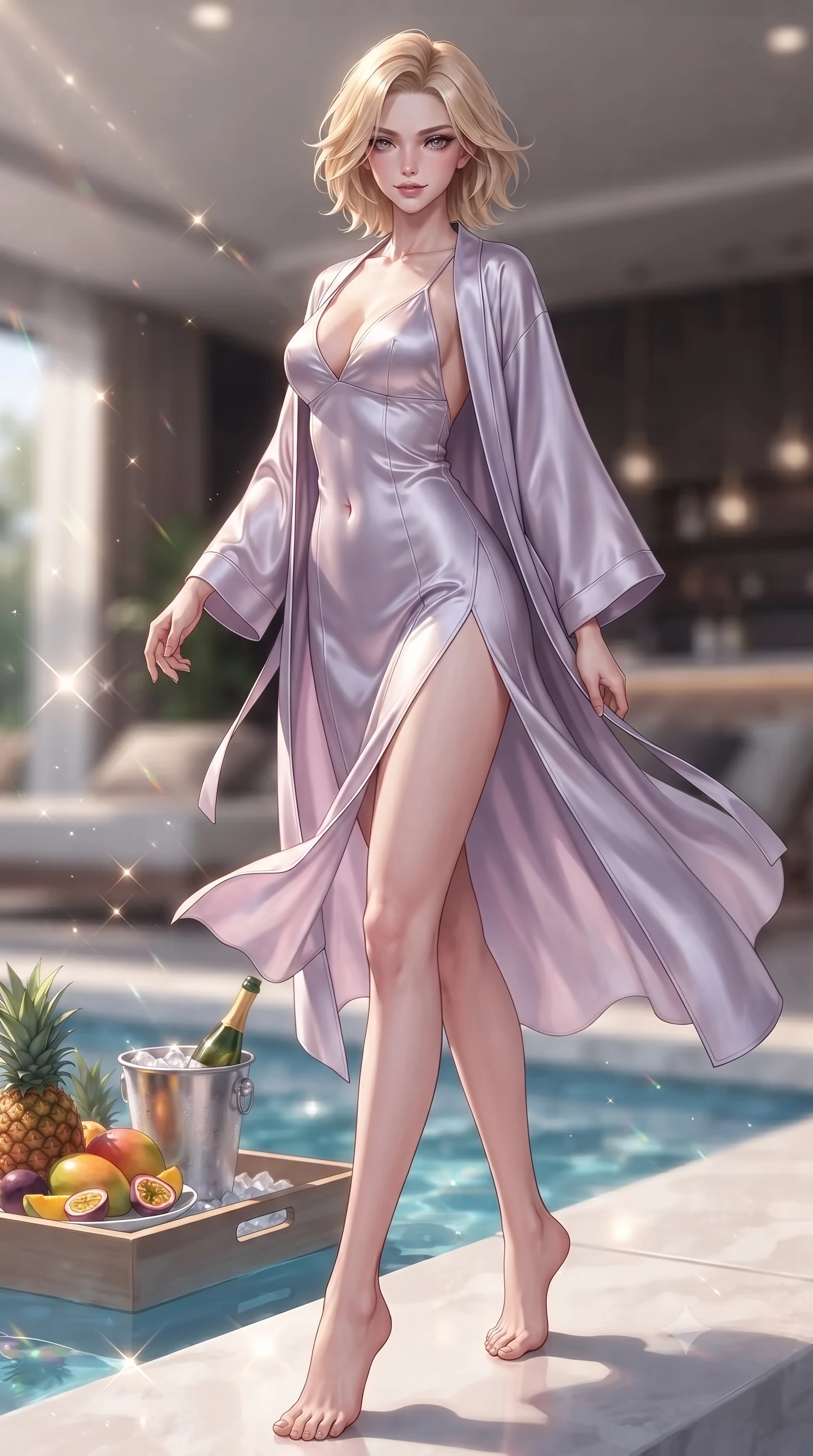 score_9, masterpiece, best quality, ultra-detailed, high-budget anime keyframe, editorial fashion photography, tasteful artistic composition, Caucasian woman. low angle full-body shot from head to toe showing her feet, filling the entire 9:16 vertical frame with her statuesque presence, stretching her vertical silhouette. twirling slowly with a sensual half-smile, letting her silky robe billow gently to reveal her elegant leg line set against a soft-focus background of inside an exclusive cocktail lounge with a floating pool tray of tropical fruits and chilled wine in soft focus. She has an absolutely perfect, statuesque 8.5-heads proportion, an exceptionally tall and slender model-like female figure with impossibly long slender legs and an ultra-slim waist. sharp v-shaped jawline, high-bridge nose, intricate jewel-like eyes with depth, thick eyelashes, glossy lips with a natural sheen. wearing tailored pale lavender liquid satin open-back silk slip dress featuring a deep V-neckline and a leg-lengthening side slit featuring refined tailored seams. lit by crisp morning sun rays creating sparkling glints on polished glass and water. ultra-reflective glossy finish, specular highlights, metallic sheen, high-contrast stereoscopic depth, volumetric dynamic lighting, 2k, ultra detail, master piece, 9:16 ratio