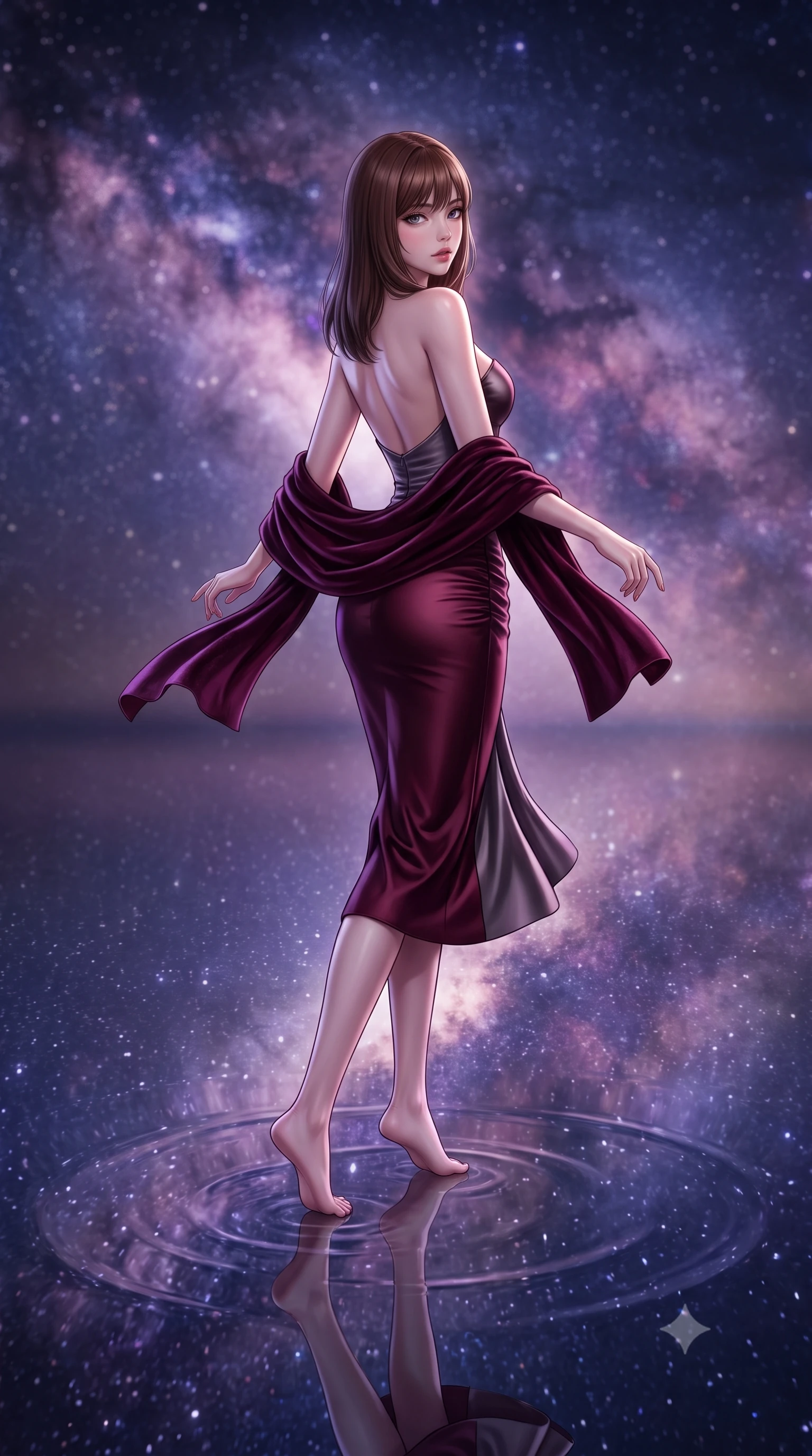 score_9, masterpiece, best quality, ultra-detailed, high-budget anime keyframe, semi-realistic 3D game render, editorial fashion photography, tasteful artistic composition, Korean woman. low angle full-body shot from head to toe showing her feet, filling the entire 9:16 vertical frame with her statuesque presence, stretching her vertical silhouette. executing an elegant mid-motion pivot turn as garments swirl around her slender limbs, glancing over her shoulder with an intoxicating bedroom-gaze while standing in paper-thin water on the infinite salt flat, arching her back as the entire Milky Way galaxy reflects flawlessly beneath her feet like a celestial mirror. The composition keeps background elements in soft focus with creamy bokeh. countless glittering stars and purple galactic dust lanes of the Milky Way blurred into deep indigo, magenta, and starlight bokeh in both sky and water. She has an exceptionally tall and slender model-like 8.5-heads proportion, an ultra-slim waist, a flat toned midriff, narrow delicate ribcage, and beautifully sculpted feminine hips creating a graceful, slim hourglass silhouette without any bulky heaviness, with impossibly long slender legs. sharp v-shaped jawline, high-bridge nose, intricate jewel-like eyes with depth, thick eyelashes, glossy parted lips with a natural sheen, intensely captivating and seductive bedroom-eyes expression, flawlessly proportioned anatomical accuracy, strict slender model proportions, natural body alignment, perfectly sculpted long slender limbs, ultra-slim waistline, clean dynamic posture without body distortion. wearing an ultra-fitted strapless bustier midi dress with side hip ruching and exposed spine in deep wine burgundy and brushed dark platinum, tailored from ultra-smooth duchess satin with a pearlescent sheen, complemented by a plush velvet shawl draped loosely over her elbows, the precision-cut side openings and low-back scoop framing her graceful spine and the sensual sweep of her slim, toned hips. bathed in ethereal 360-degree cosmic starlight and glowing Milky Way galactic glow reflecting from below and above. highly saturated vibrant anime colors, detailed shading with soft gradients, rich glossy textures, high-contrast stereoscopic depth, volumetric dynamic lighting, master piece, 9:16 ratio