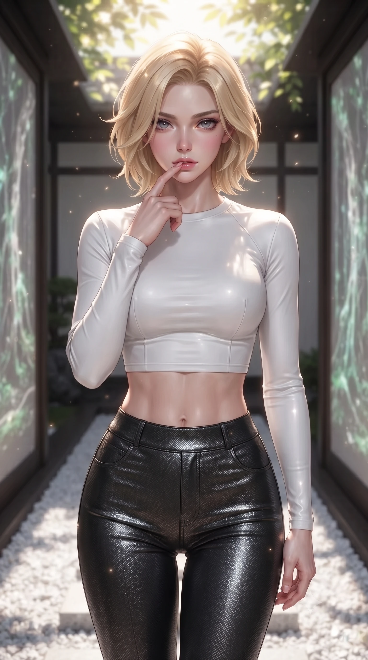 score_9, masterpiece, best quality, ultra-detailed, high-budget anime keyframe, editorial fashion photography, tasteful artistic composition, Caucasian woman. close-up cowboy shot from the waist and thighs up, the character dominates the composition, filling the frame with her large presence, background elements kept in soft focus. pressing one finger to her bottom lip in a thoughtful, composed gesture, locking eyes with the viewer, the background shows a soft-focus a rock garden corridor with sliding doors showing digital banyan roots. She has an exceptionally elegant, slender, and willowy female figure with an ultra-slim waist, a gracefully sculpted slender torso, and a refined silhouette. sharp v-shaped jawline, high-bridge nose, intricate jewel-like eyes with depth, thick eyelashes, glossy lips with a natural sheen. wearing a tailored body-hugging long-sleeve tactical crop top in pure white, paired with high-waisted black carbon-weave skinny pants. dappled sunlight filtering through glowing leaves onto the white gravel path. ultra-reflective glossy finish, specular highlights, metallic sheen, high-contrast stereoscopic depth, volumetric dynamic lighting, 2k, ultra detail, master piece, 9:16 ratio