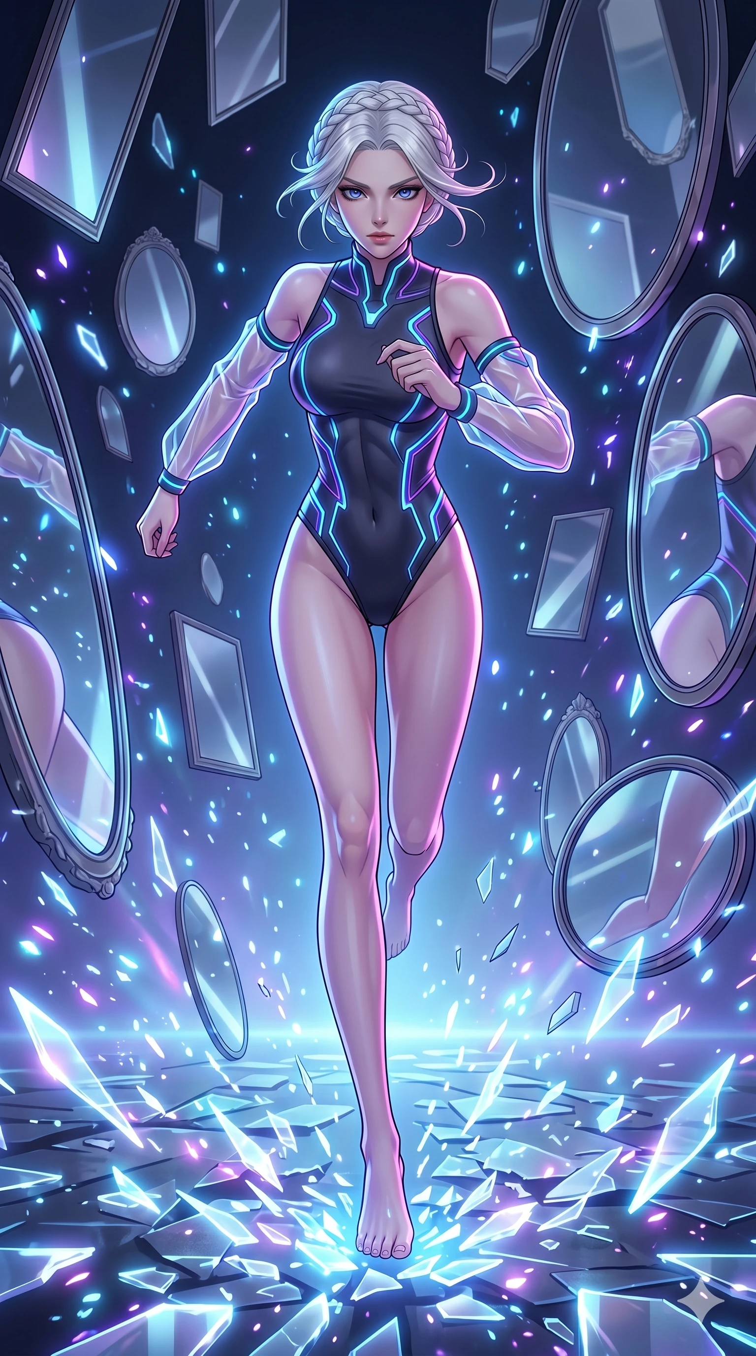 score_9, masterpiece, best quality, ultra-detailed, Set A: High-budget Anime Keyframe, Caucasian (strictly human ears) woman. Low angle cowboy shot filling the entire 9:16 frame with her statuesque presence. Sprinting through a dimension of floating mirrors, as the ground beneath her turns into 281 shards of light and surrounded by glowing energy sparks. She has an absolutely perfect 8-heads proportion, an exceptionally tall and slender female figure with impossibly long slender legs and an ultra-slim waist. Sharp v-shaped jawline, high-bridge nose, intricate jewel-like eyes with depth, thick eyelashes, glossy lips with a natural sheen. Wearing High-cut tech-bodysuit with holographic neon seams and translucent PVC detached sleeves. Cinematic lighting, vibrant colors, dramatic shadows, 2k, ultra detail, master piece, 9:16 ratio