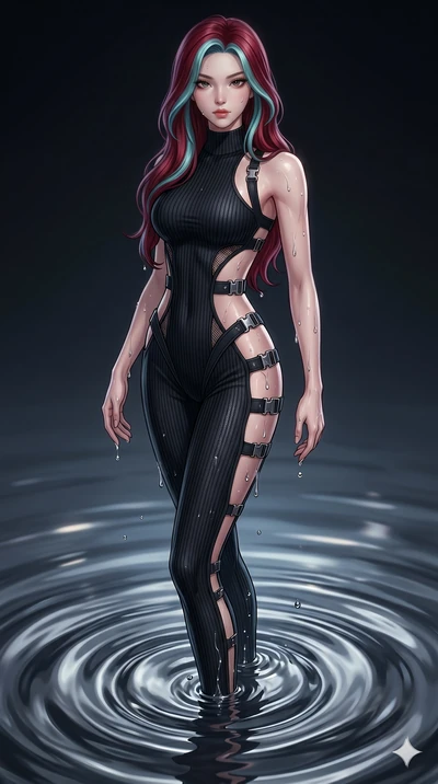 score_9, masterpiece, best quality, ultra-detailed, High-budget Anime Keyframe, East Asian woman. Dynamic full-body shot stretching the vertical silhouette to the limit. Scenario 274: Rising from a pool of mercury-like liquid, droplets rolling off he