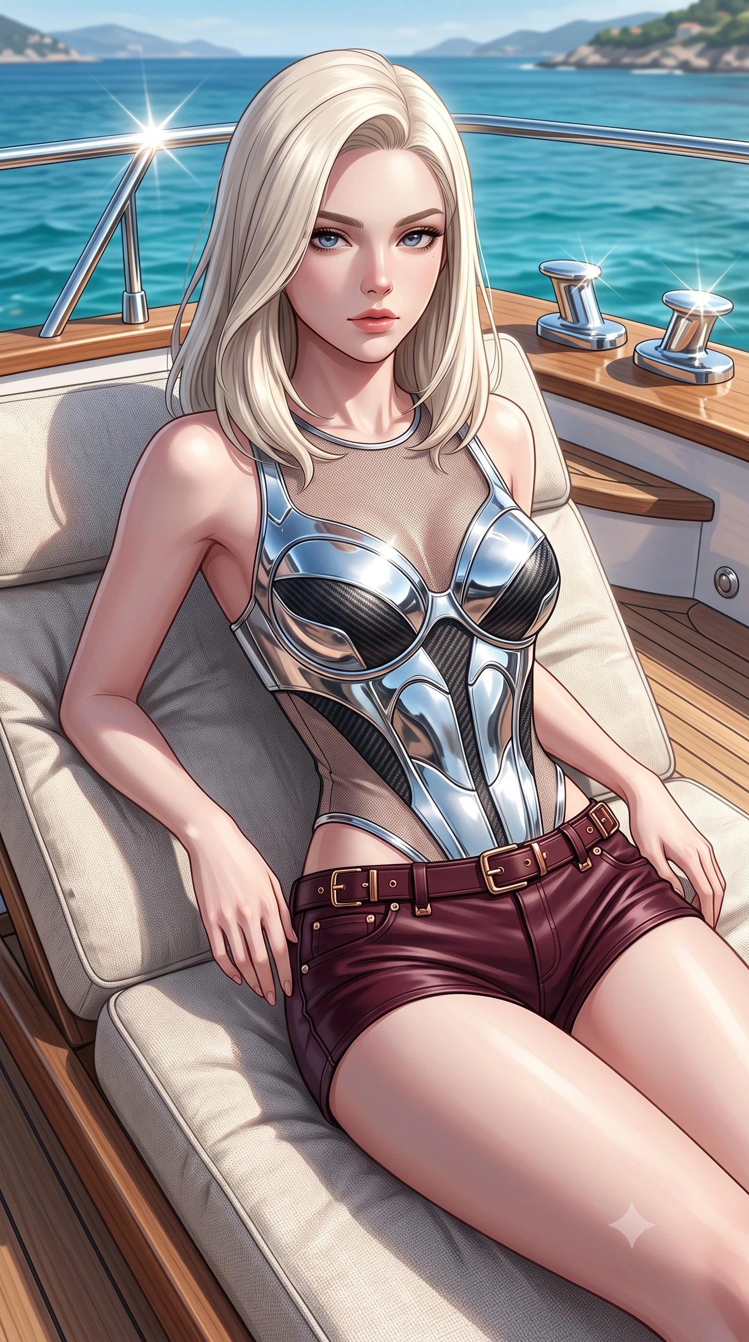 score_9, masterpiece, best quality, ultra-detailed, high-budget anime keyframe, editorial fashion photography, tasteful artistic composition, Caucasian woman. close-up cowboy shot from the waist and thighs up, the character dominates the composition, filling the frame with her large presence, background elements kept in soft focus. Gazing past the camera with an air of effortless elegance and mysterious confidence lounging on a plush sunbed on the teak deck of a luxury yacht in open turquoise waters, polished teak wood and gleaming chrome hardware catching sharp sunbursts. She has an exceptionally elegant, slender, and willowy female figure with an ultra-slim waist, a gracefully sculpted slender torso, and a refined silhouette. sharp v-shaped jawline, high-bridge nose, intricate jewel-like eyes with depth, thick eyelashes, glossy lips with a natural sheen. wearing a chrome-plated structured bodice worn over a sheer mesh top and micro-shorts in deep burgundy and bronze, made of fine carbon-fiber weave and soft matte leather, detailed with polished silver buckles along the waistline, the sleek second-skin texture accentuating her magnetic presence. surrounded by a high-contrast marine lighting with bright specular highlights. highly saturated vibrant anime colors, detailed shading with soft gradients, rich glossy textures, high-contrast stereoscopic depth, volumetric dynamic lighting, master piece, 9:16 ratio
