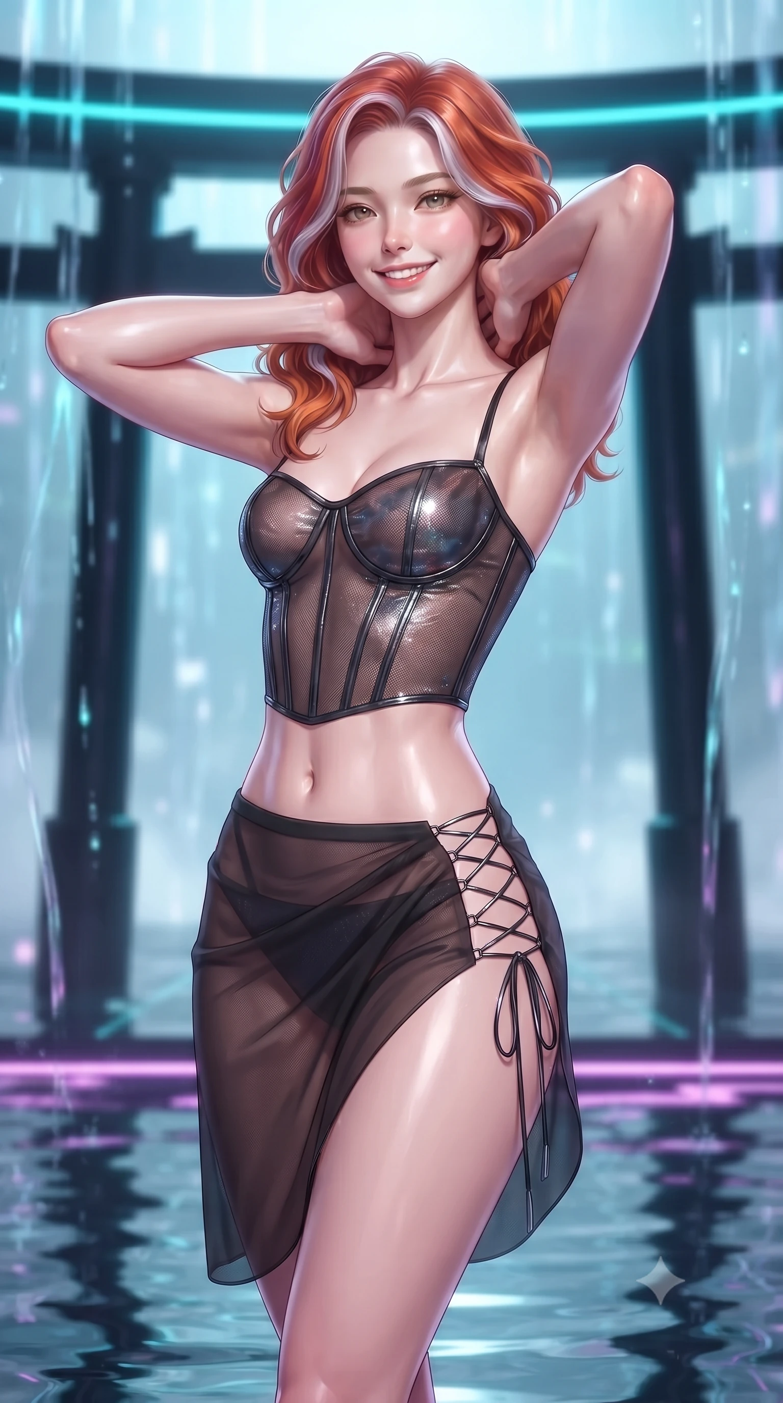score_9, masterpiece, best quality, ultra-detailed, high-budget anime keyframe, editorial fashion photography, tasteful artistic composition, Caucasian woman. close-up cowboy shot from the waist and thighs up, the character dominates the composition, filling the frame with her large presence. resting both hands lightly behind her neck with elbows raised, arching her spine to highlight her narrow waist, flat midriff, and breathtaking collarbones while standing poised on the mirrored water platform flanked by towering obsidian Torii gates pulsing with cyan neon, arching her spine with siren charisma as digital rain trickles in glowing ribbons. The background shows a soft-focus translucent digital rain cascades softened in cyber-shinto sacred sanctuary shallow focus. She has an exceptionally elegant, slender, and willowy female figure with an ultra-slim waist, flat toned midriff, narrow ribcage, and sculpted feminine hips creating an alluring, slim hourglass silhouette without bulk. sharp v-shaped jawline, high-bridge nose, intricate jewel-like sparkling eyes with depth, thick eyelashes, glossy parted lips with a natural peach sheen, bright cheerful beaming smile with an enchanting and coquettish sensual glint, exuding both youthful cute charm and seductive allure, flawlessly proportioned anatomical accuracy, strict slender model proportions, natural body alignment, perfectly sculpted long slender limbs, ultra-slim waistline, clean dynamic posture without body distortion. wearing a provocative translucent mesh corset bodice with boned satin channels paired with a sheer chiffon wrap skirt in matte carbon fiber black and polished chrome, crafted from stretch micro-mesh with liquid foil coating that shimmers with every movement, featuring fine criss-cross lace-up side ties revealing tantalizing glimpses of her hip curve, the bespoke structured tailoring following the natural line of her 8.5-heads silhouette with refined elegance. illuminated by mirrored water reflection bounce and sharp neon-violet rim lights defining her dewy collarbones, ultra-slim waist, and curvy hips. ultra-reflective glossy finish, specular highlights, rich textural contrasts, high-contrast stereoscopic depth, volumetric dynamic lighting, 2k, ultra detail, master piece, 9:16 ratio