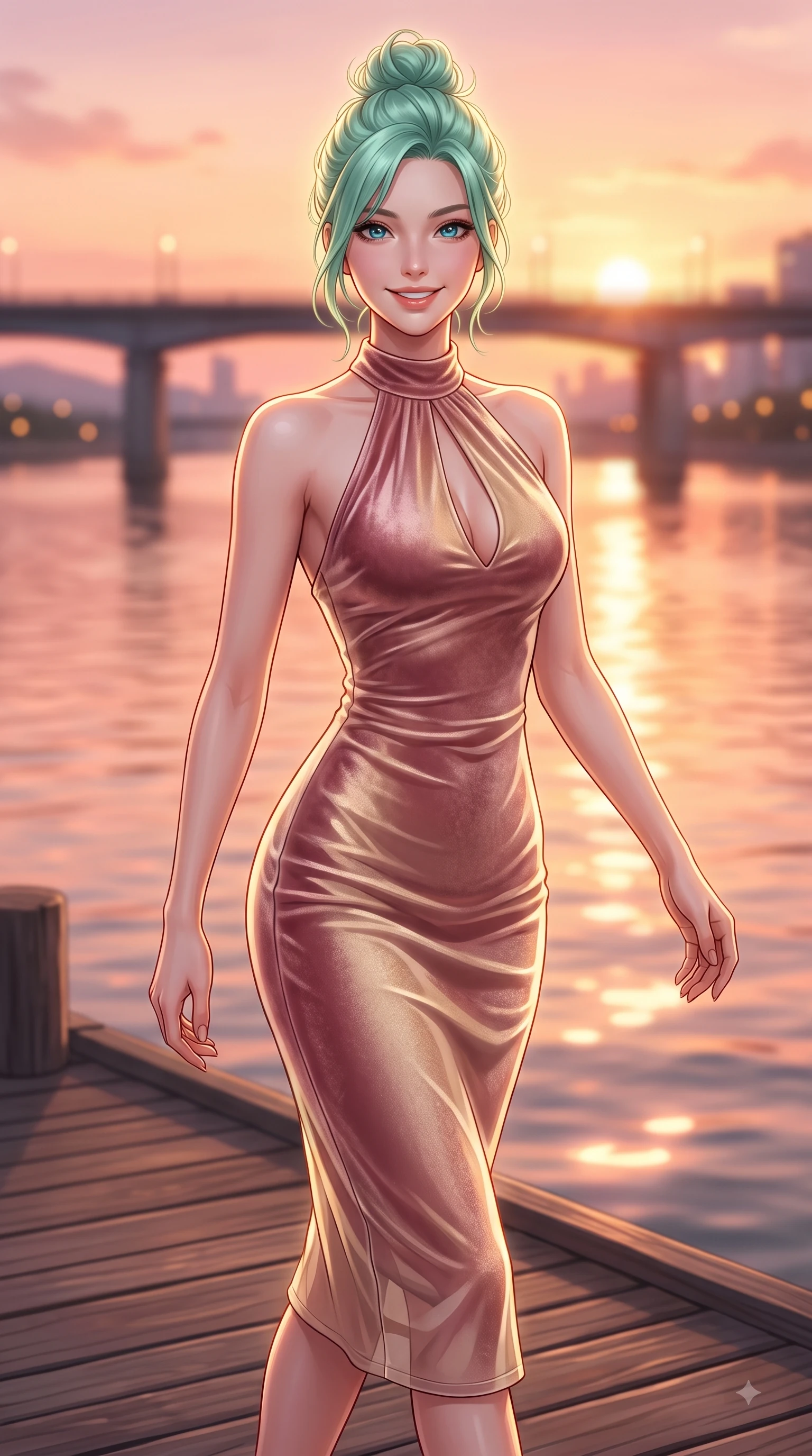 score_9, masterpiece, best quality, ultra-detailed, high-budget anime keyframe, editorial fashion photography, tasteful artistic composition, Japanese woman. close-up cowboy shot from the waist and thighs up, the character dominates the composition, filling the frame with her large presence, background elements kept in soft focus. Gazing directly into the camera with a fresh, infectious smile as her torso curves dynamically in mid-stride while walking across a wooden river pier as golden hour sunbursts reflect off calm water, warm rose-gold and amber sunset light reflecting off calm river waters and city bridges. She has an exceptionally elegant, slender, and willowy female figure with an ultra-slim waist, a gracefully sculpted slender torso, and a refined silhouette. sharp v-shaped jawline, high-bridge nose, intricate jewel-like eyes with depth, thick eyelashes, glossy lips with a natural sheen, flawlessly proportioned anatomical accuracy, natural body alignment, perfectly sculpted elegant limbs, clean dynamic posture without body distortion. wearing a velvet halter-neck midi dress following her form like a glove in dusty rose and champagne gold, woven from fine semi-opaque sheer organza, accented with a Tasteful chest slit framing her clavicle gracefully, the glove-like fit emphasizing her statuesque silhouette during motion. illuminated by soft glowing sunset reflections with cheerful golden rim lights. highly saturated vibrant anime colors, detailed shading with soft gradients, rich glossy textures, high-contrast stereoscopic depth, volumetric dynamic lighting, master piece, 9:16 ratio