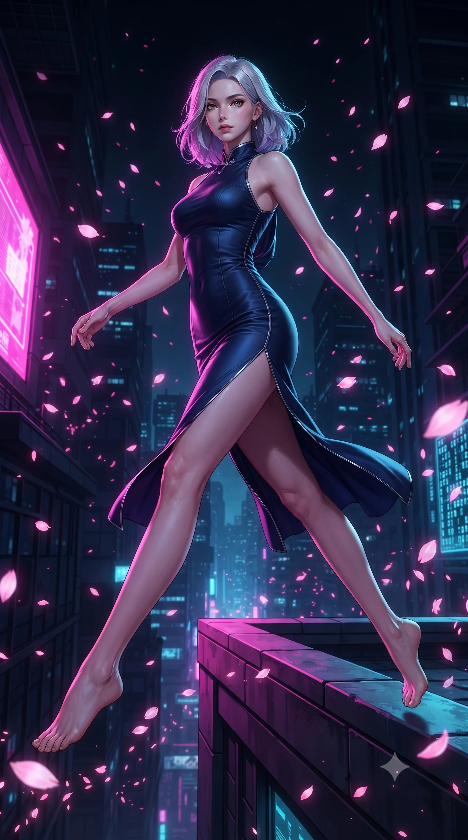 score_9, masterpiece, best quality, ultra-detailed, high-budget anime keyframe, editorial fashion photography, tasteful artistic composition, Caucasian woman. low angle full-body shot from head to toe showing her feet, filling the entire 9:16 vertical frame with her statuesque presence, stretching her vertical silhouette. leaping gracefully through mid-air with statuesque elegance, her impossibly long slender legs stretched in perfect balance while leaping across the ledge of a skyscraper rooftop as digital sakura petals blizzard around her, digital sakura petals flickering into binary code sparks as they float by. She has an absolutely perfect, statuesque 8.5-heads proportion, an exceptionally tall and slender model-like female figure with impossibly long slender legs and an ultra-slim waist. sharp v-shaped jawline, high-bridge nose, intricate jewel-like eyes with depth, thick eyelashes, glossy lips with a natural sheen, flawlessly proportioned anatomical accuracy, natural body alignment, perfectly sculpted elegant limbs, clean dynamic posture without body distortion. wearing a precision-fitted liquid jersey bodycon dress with a graceful draped back in midnight navy blue and chrome trim, woven from fine semi-opaque sheer organza, finished with a sleek side slit ascending to mid-thigh, the tailored fabric tightly following every curve of her athletic build. drenched in intense neon magenta and cyan rim light with dark urban contrast. ultra-reflective glossy finish, specular highlights, metallic sheen, high-contrast stereoscopic depth, volumetric dynamic lighting, 2k, ultra detail, master piece, 9:16 ratio