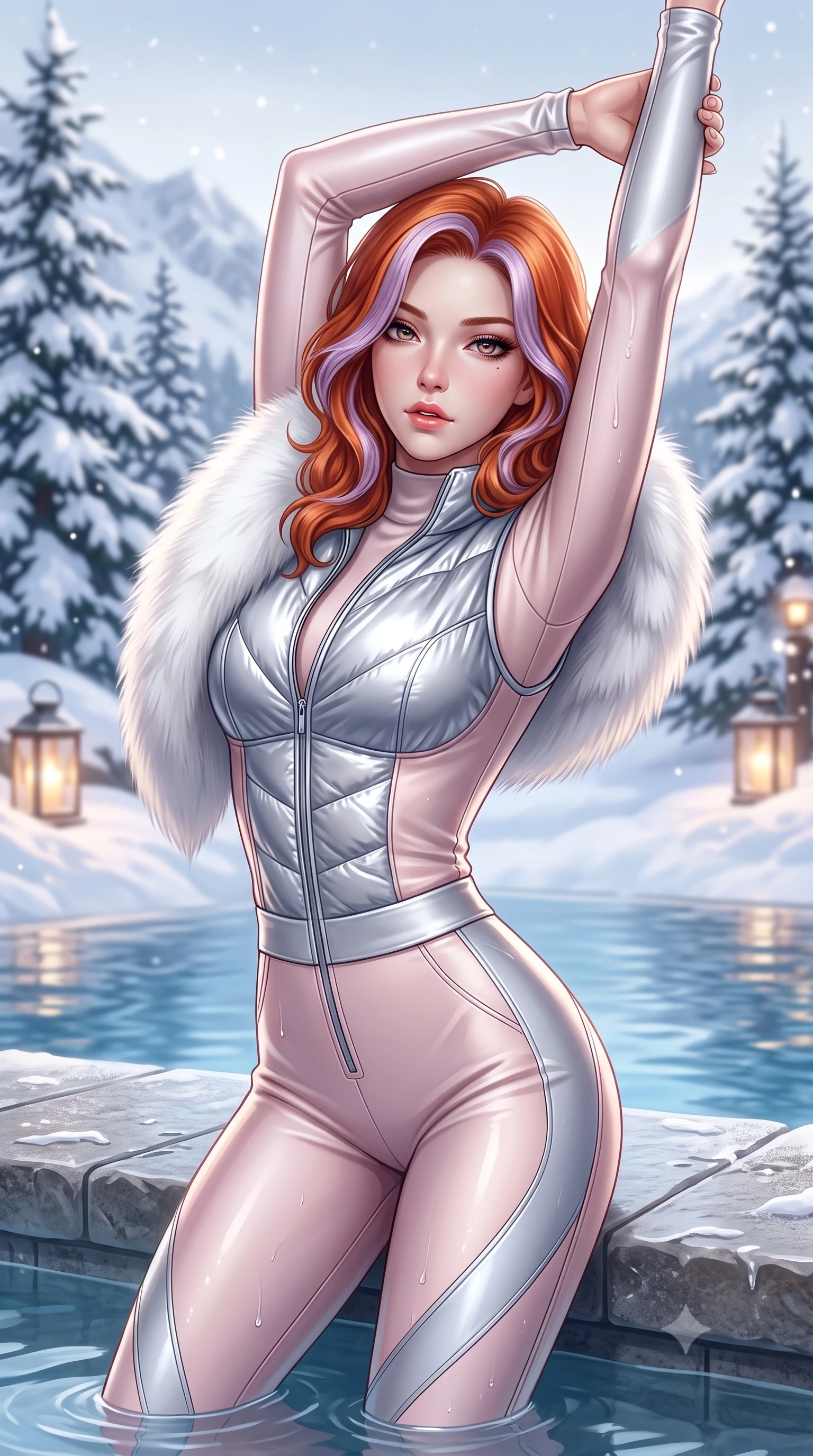 score_9, masterpiece, best quality, ultra-detailed, high-budget anime keyframe, semi-realistic 3D game render, editorial fashion photography, tasteful artistic composition, Caucasian woman. close-up cowboy shot from the waist and thighs up, the character dominates the composition, filling the frame with her large presence. arching her back languidly with arms stretching overhead, highlighting her narrow waist and feminine silhouette in pure supermodel elegance while resting her chin on her crossed arms at the infinity pool's edge, gazing into the camera with bedroom-eyes. The composition keeps background elements in soft focus with creamy bokeh. snow-covered cedar pines and glowing outdoor lanterns softened in dreamy shallow focus. She has an exceptionally elegant, slender, and willowy female figure with an ultra-slim waist, a gracefully sculpted slender torso, toned flat midriff, and a refined slim silhouette. sharp v-shaped jawline, high-bridge nose, intricate jewel-like eyes with depth, thick eyelashes, glossy parted lips with a natural sheen, intensely captivating and seductive expression, flawlessly proportioned anatomical accuracy, strict slender model proportions, natural body alignment, perfectly sculpted long slender limbs, ultra-slim waistline, clean dynamic posture without body distortion. wearing a metallic silver quilted corset puffer vest worn over a snug thermal mock-neck top and sleek ski stirrup pants in pale blush pink and frosted silver accents, tailored from ultra-sleek thermal stretch neoprene with satin sheen, complemented by an opulent white fox-fur stole draped loosely over her shoulders, the snug thermal second-skin fit accentuating her razor-sharp statuesque lines and slim hourglass silhouette amidst the cold snow. illuminated by wet specular highlights accentuating her slender neckline, sculpted waist, and curves. highly saturated vibrant anime colors, detailed shading with soft gradients, rich glossy textures, high-contrast stereoscopic depth, volumetric dynamic lighting, master piece, 9:16 ratio