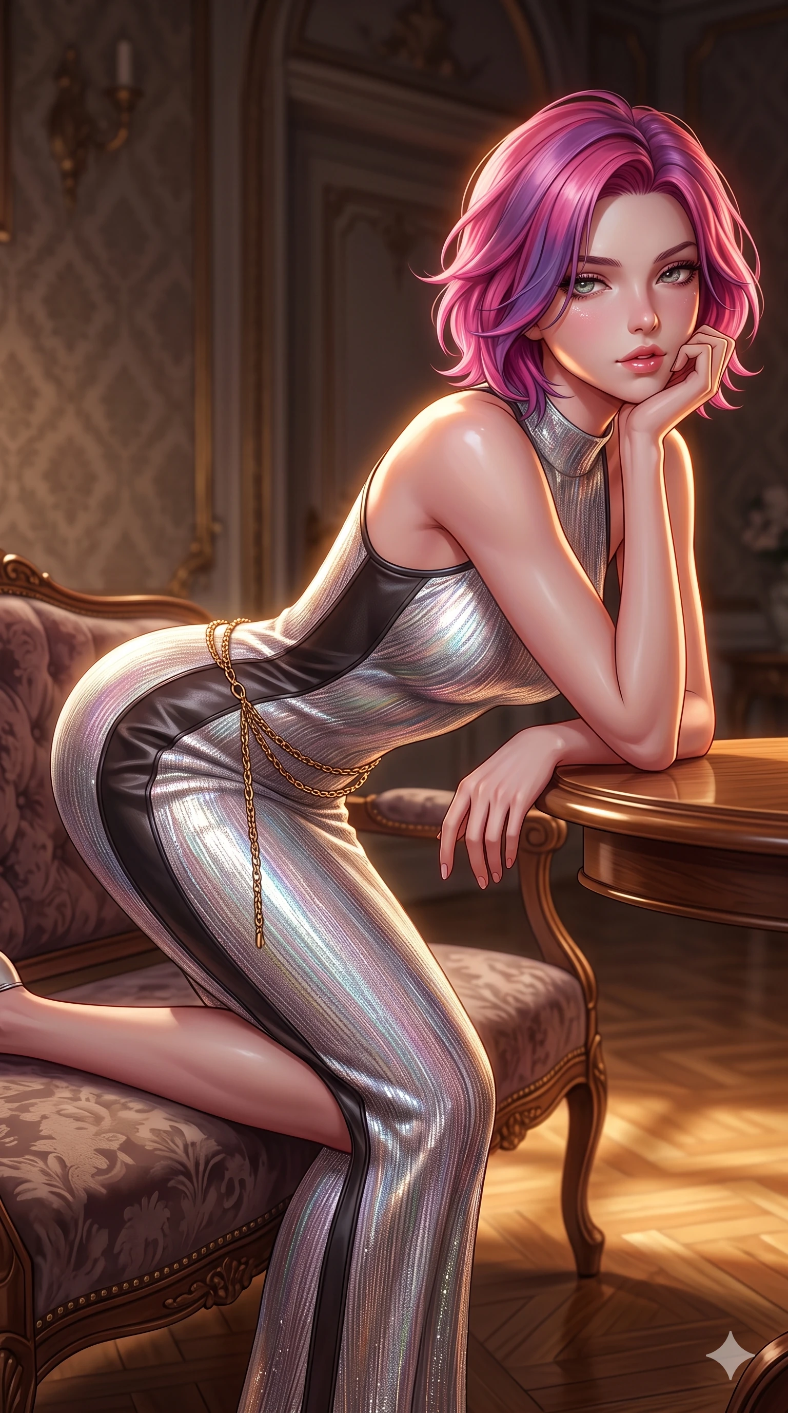 score_9, masterpiece, best quality, ultra-detailed, high-budget anime keyframe, semi-realistic 3D game render, editorial fashion photography, tasteful artistic composition, Caucasian woman. close-up cowboy shot from the waist and thighs up, the character dominates the composition, filling the frame with her large presence. resting one elbow on the table and supporting her chin, leaning close to the camera with heavy-lidded sparkling eyes and parted lips while perched sideways on the vintage settee, one knee drawn up to showcase her slender leg line while her arched back accentuates her feminine hip curve. The background shows a soft-focus vintage aristocratic salon atmosphere softened in damask salon shallow focus. She has an exceptionally elegant, slender, and willowy female figure with an ultra-slim waist, flat toned midriff, narrow ribcage, and sculpted feminine hips creating an alluring, slim hourglass silhouette without bulk. sharp v-shaped jawline, high-bridge nose, intricate jewel-like sparkling eyes with depth, thick eyelashes, glossy parted lips with a natural sheen, intensely captivating and seductive bedroom-eyes expression, exuding both youthful cute charm and sovereign luxury allure, flawlessly proportioned anatomical accuracy, strict slender model proportions, natural body alignment, perfectly sculpted long slender limbs, ultra-slim waistline, clean dynamic posture without body distortion. wearing a body-contouring metallic lurex knit column dress casting radiant starlight shimmer across her flat midriff in iridescent mother-of-pearl and liquid molten silver, woven from buttery-soft stretch lambskin leather adhering to her body like a second skin, accented with a delicate gold chain belt resting loosely on her curvy hips, the bespoke structured tailoring following the natural line of her 8.5-heads silhouette with refined elegance. illuminated by polished parquet bounce and sharp bronze-amber rim lights sculpting her razor-sharp jawline, narrow waist, and curvy hips. highly saturated vibrant anime colors, detailed shading with soft gradients, rich glossy textures, high-contrast stereoscopic depth, volumetric dynamic lighting, master piece, 9:16 ratio