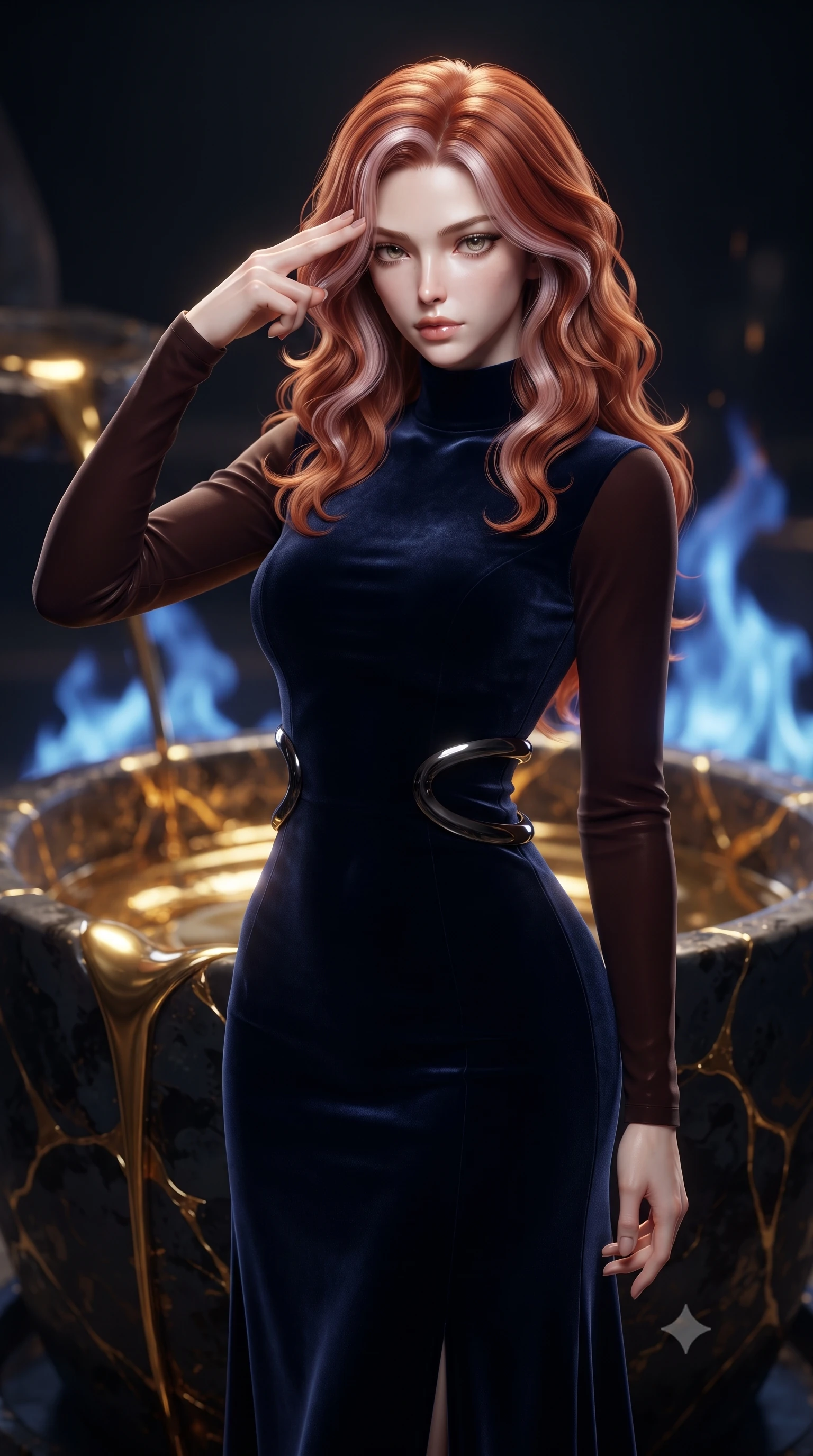 score_9, masterpiece, best quality, ultra-detailed, high-budget anime keyframe, editorial fashion photography, tasteful artistic composition, Caucasian woman. close-up cowboy shot from the waist and thighs up, the character dominates the composition, filling the frame with her large presence, background elements kept in soft focus. Pressing two fingers to her temple in a composed, sharp thoughtful gesture, standing before a dark crucible flowing with molten gold kintsugi liquid, high-contrast dark ceramic textures reflecting bright metallic gold veins. She has an exceptionally elegant, slender, and willowy female figure with an ultra-slim waist, a gracefully sculpted slender torso, and a refined silhouette. sharp v-shaped jawline, high-bridge nose, intricate jewel-like eyes with depth, thick eyelashes, glossy lips with a natural sheen. wearing floor-length high-neck midnight navy velvet gown with long sleeves in dark mahogany, made of soft dark satin, accented with sculpted obsidian chrome rings at the waist, highlighting her statuesque proportions and ultra-slim waistline. bathed in dramatic contrast of warm gold liquid light and cool blue alchemy flames. ultra-reflective glossy finish, specular highlights, metallic sheen, high-contrast stereoscopic depth, volumetric dynamic lighting, 2k, ultra detail, master piece, 9:16 ratio
