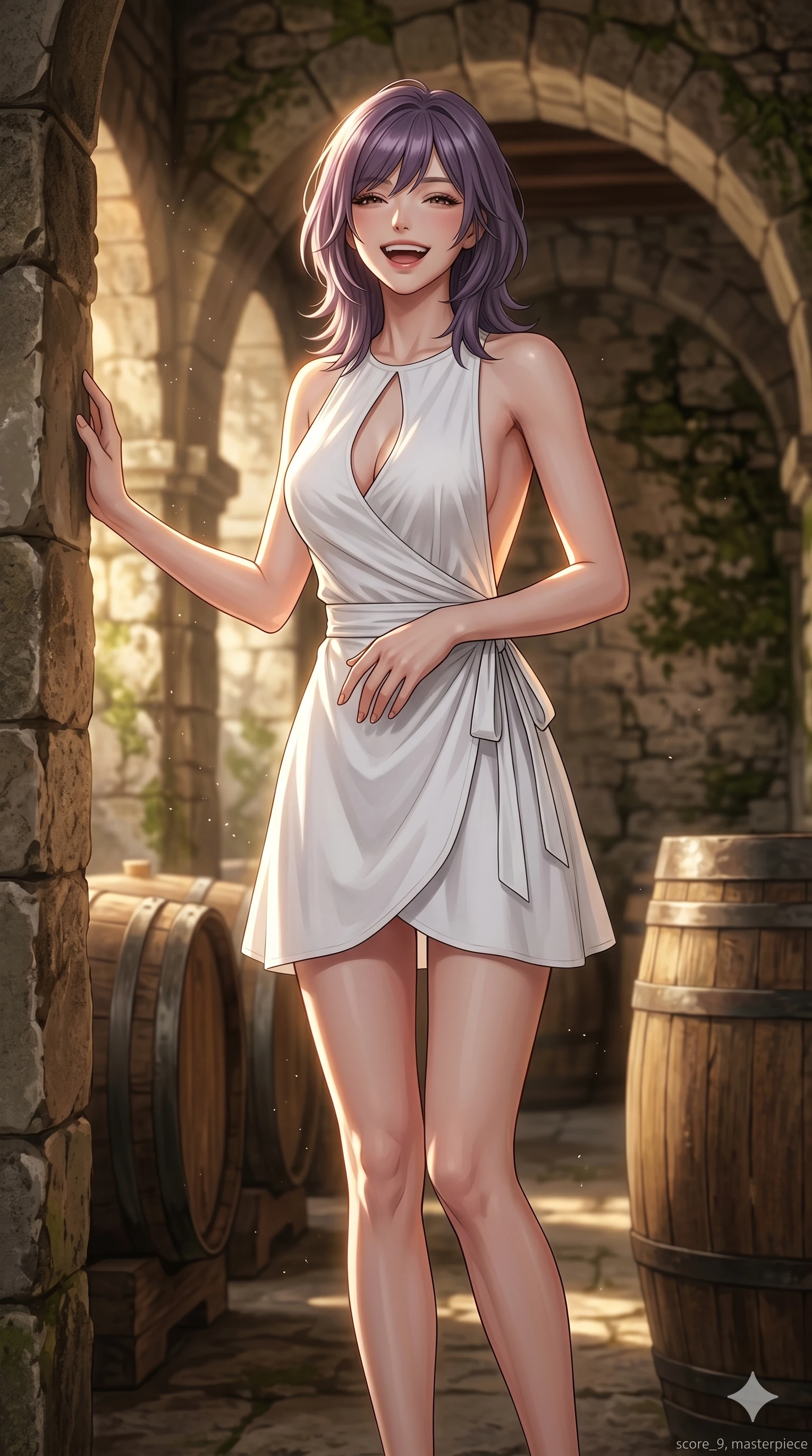 score_9, masterpiece, best quality, ultra-detailed, high-budget anime keyframe, editorial fashion photography, tasteful artistic composition, Japanese woman. cowboy shot from the thighs up, character and outfit filling the frame for maximum editorial presence. laughing happily, one hand gently holding the stone door frame inside an old winery cellar entrance with sunbeams streaming in. She has an absolutely perfect 8-heads proportion, an exceptionally tall and slender female figure with impossibly long slender legs and an ultra-slim waist. V-shaped jawline, high-bridge nose, intricate jewel-like eyes with depth, thick eyelashes, glossy lips with a natural sheen. wearing a white cotton wrap dress with a tasteful keyhole cutout and bare back. bathed in warm afternoon sunbeams filtering through the entrance arches. 2k, ultra detail, master piece, 9:16 ratio