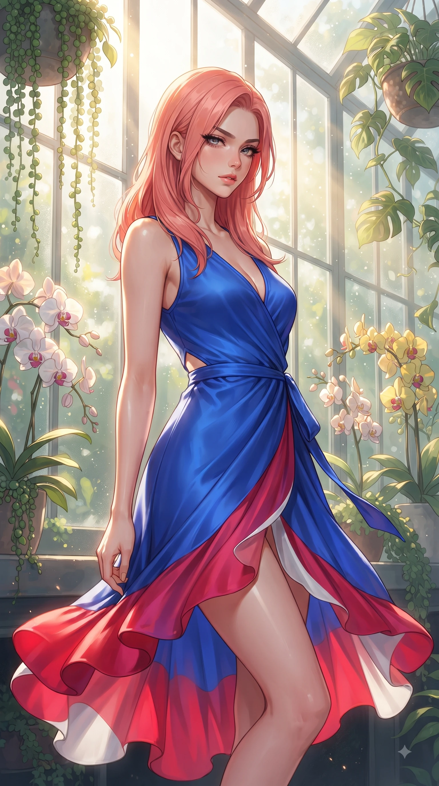 score_9, masterpiece, best quality, ultra-detailed, high-budget anime keyframe, editorial fashion photography, tasteful artistic composition, Japanese woman. close-up cowboy shot from the waist and thighs up, the character dominates the composition, filling the frame with her large presence. Indifferent cold glance casting a disdainful side-eye from beneath long dark eyelashes with aloof confidence while leaning against a sunlit glass wall surrounded by exotic orchids and cascading vines. The composition keeps background elements in soft focus with dreamy bokeh. sunbeams filtering through misty glass dome panes softened in creamy depth of field. She has an exceptionally elegant, slender, and willowy female figure with an ultra-slim waist, a gracefully sculpted slender torso, and a refined silhouette. sharp v-shaped jawline, high-bridge nose, intricate jewel-like eyes with depth, thick eyelashes, glossy lips with a natural sheen, flawlessly proportioned anatomical accuracy, natural body alignment, perfectly sculpted elegant limbs, clean dynamic posture without body distortion. wearing an electric cobalt blue silk wrap dress with a graceful flowing hem in vibrant crimson red and crisp snow white, woven from fine lightweight chiffon fluttering gracefully, complemented by clean architectural seams and subtle cutouts, the fluid drape swaying gracefully with her dynamic editorial movement. bathed in bright golden sunbeams streaming through glasshouse panes. ultra-reflective glossy finish, specular highlights, metallic sheen, high-contrast stereoscopic depth, volumetric dynamic lighting, 2k, ultra detail, master piece, 9:16 ratio