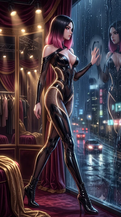 score_9, masterpiece, best quality, ultra-detailed, High-budget Anime Keyframe, East Asian woman. Dynamic full-body shot stretching the vertical silhouette to the limit. Scenario 312: looking out at the rain through a wet glass window near a velvet-l