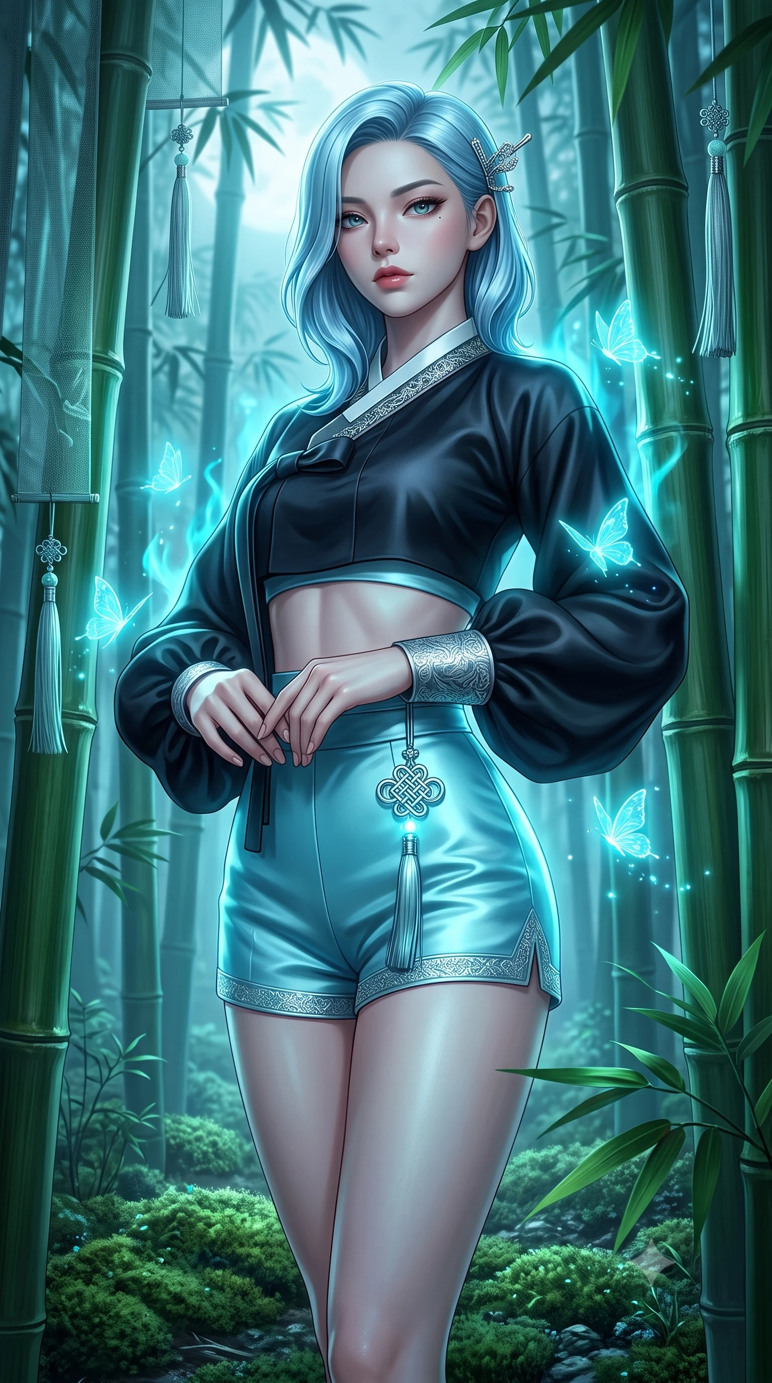 score_9, masterpiece, best quality, ultra-detailed, high-budget anime keyframe, semi-realistic 3D game render, editorial fashion photography, tasteful artistic composition, Korean woman. close-up cowboy shot from the waist and thighs up, the character dominates the composition, filling the frame with her large presence. holding her hands loosely in front with regal, aristocratic poise, radiating an overwhelming high-society aura while pivoting gracefully around towering green bamboo stalks as ethereal glowing butterflies dance around her fingertips. The surrounding environment is rendered in vivid detail and crisp panoramic clarity. intricate moss carpets, hanging silk tassels, and bamboo leaf venation in high resolution. She has an exceptionally elegant, slender, and willowy female figure with an ultra-slim waist, a gracefully sculpted slender torso, toned flat midriff, and a refined slim silhouette. sharp v-shaped jawline, high-bridge nose, intricate jewel-like eyes with depth, thick eyelashes, glossy lips with a natural sheen, captivating and magnetic expression, flawlessly proportioned anatomical accuracy, strict slender model proportions, natural body alignment, perfectly sculpted long slender limbs, ultra-slim waistline, clean dynamic posture without body distortion. wearing a modern shortened cyber-hanbok crop top with wide billowing sleeves and high-waist silk shorts in dark ink-wash black and radiant moonlight cyan, tailored from traditional lustrous satin with delicate hand-stitched borders, accented with a glowing metallic norigae knot charm and silver hairpin, the breezy yet form-flattering drape swaying gracefully with her steps, accentuating her long willowy limbs and slim waistline. bathed in magical cyan spirit flame luminescence and soft moonlit fog fill. highly saturated vibrant anime colors, detailed shading with soft gradients, rich glossy textures, high-contrast stereoscopic depth, volumetric dynamic lighting, master piece, 9:16 ratio