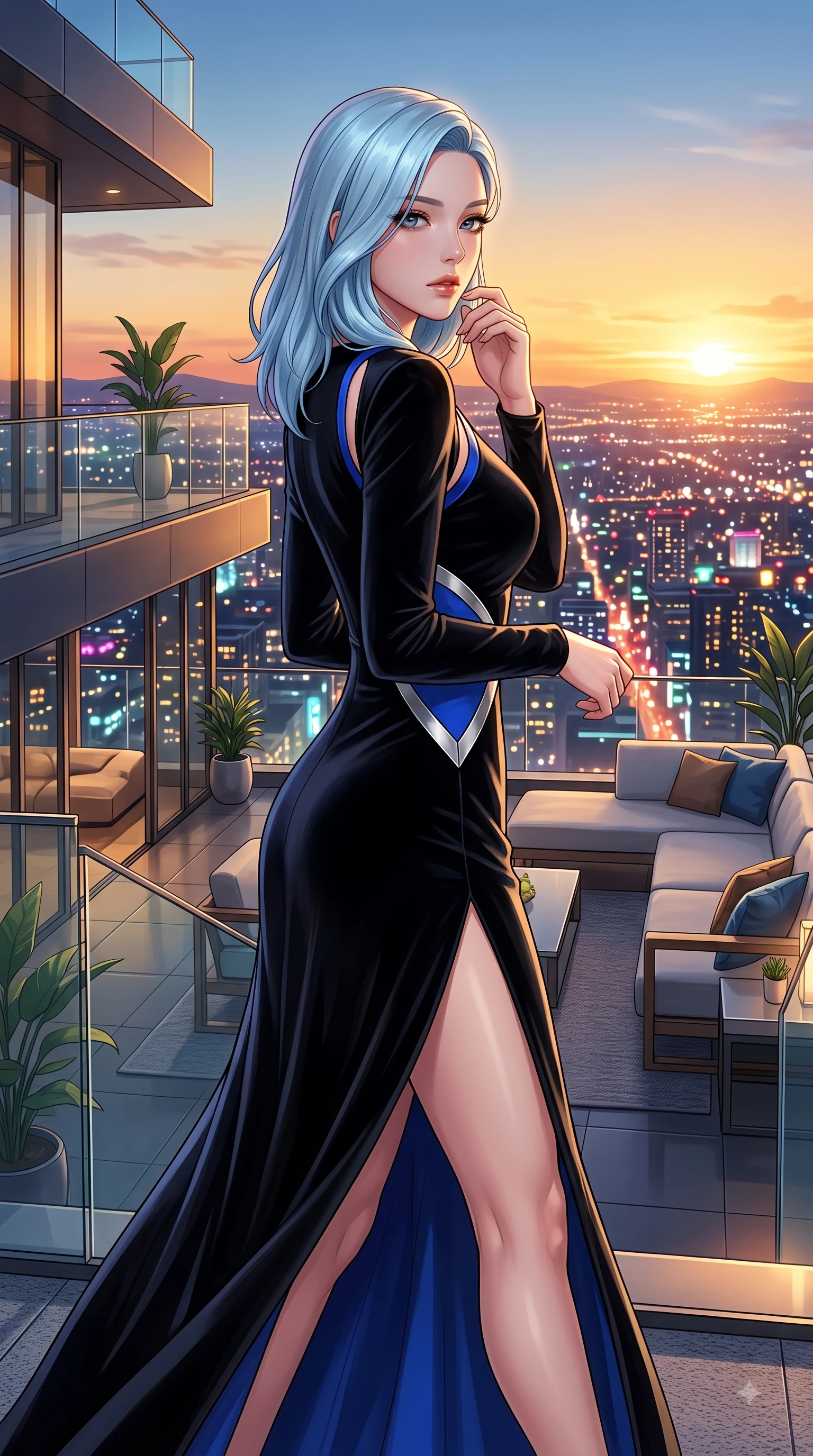 score_9, masterpiece, best quality, ultra-detailed, high-budget anime keyframe, editorial fashion photography, tasteful artistic composition, Korean woman. close-up cowboy shot from the waist and thighs up, the character dominates the composition, filling the frame with her large presence. Tender lingering expression with a quiet reluctant backward glance, as if hesitating to leave the moment while stepping gracefully onto an open-air rooftop lounge as golden sunset city lights twinkle. The surrounding environment is rendered in vivid detail and crisp panoramic clarity. vibrant city night lights and sleek rooftop lounge decor captured with environmental precision. She has an exceptionally elegant, slender, and willowy female figure with an ultra-slim waist, a gracefully sculpted slender torso, and a refined silhouette. sharp v-shaped jawline, high-bridge nose, intricate jewel-like eyes with depth, thick eyelashes, glossy lips with a natural sheen, flawlessly proportioned anatomical accuracy, natural body alignment, perfectly sculpted elegant limbs, clean dynamic posture without body distortion. wearing a dramatic black velvet evening gown with a high leg slit and subtle shoulder cutouts in electric cobalt blue and polished silver accent, tailored from structured wool crepe with clean lines, finished with a sleek side slit ascending to mid-thigh, the fluid drape swaying gracefully with her dynamic editorial movement. bathed in dramatic golden hour sunset glow and vibrant urban night lights. highly saturated vibrant anime colors, detailed shading with soft gradients, rich glossy textures, high-contrast stereoscopic depth, volumetric dynamic lighting, master piece, 9:16 ratio
