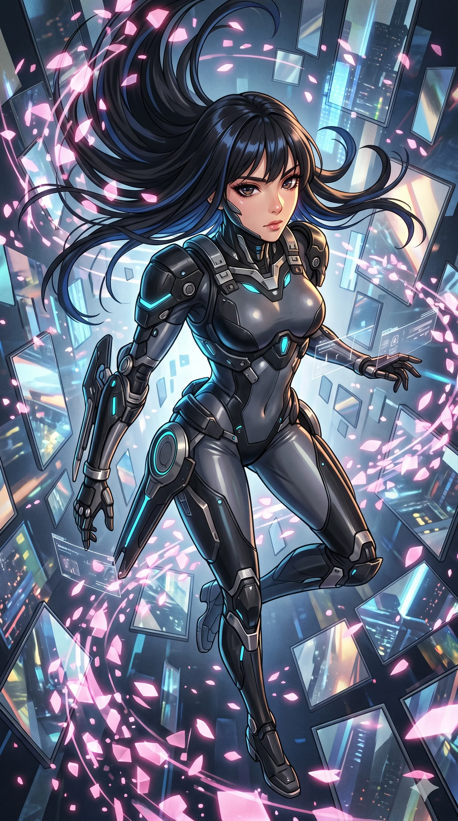 score_9, masterpiece, best quality, ultra-detailed, Set A: High-budget Anime Keyframe, Korean woman. Low angle cowboy shot filling the entire 9:16 frame with her statuesque presence. Floating through a dimension of floating mirrors, as gravity fails and everything around her floats in state 86 and surrounded by digital sakura petals. She has an absolutely perfect 8-heads proportion, an exceptionally tall and slender female figure with impossibly long slender legs and an ultra-slim waist. Sharp v-shaped jawline, high-bridge nose, intricate jewel-like eyes with depth, thick eyelashes, glossy lips with a natural sheen. Wearing Cybernetic exoskeleton frame over a sleek skin-tight latex suit with glowing ports. Cinematic lighting, vibrant colors, dramatic shadows, 2k, ultra detail, master piece, 9:16 ratio