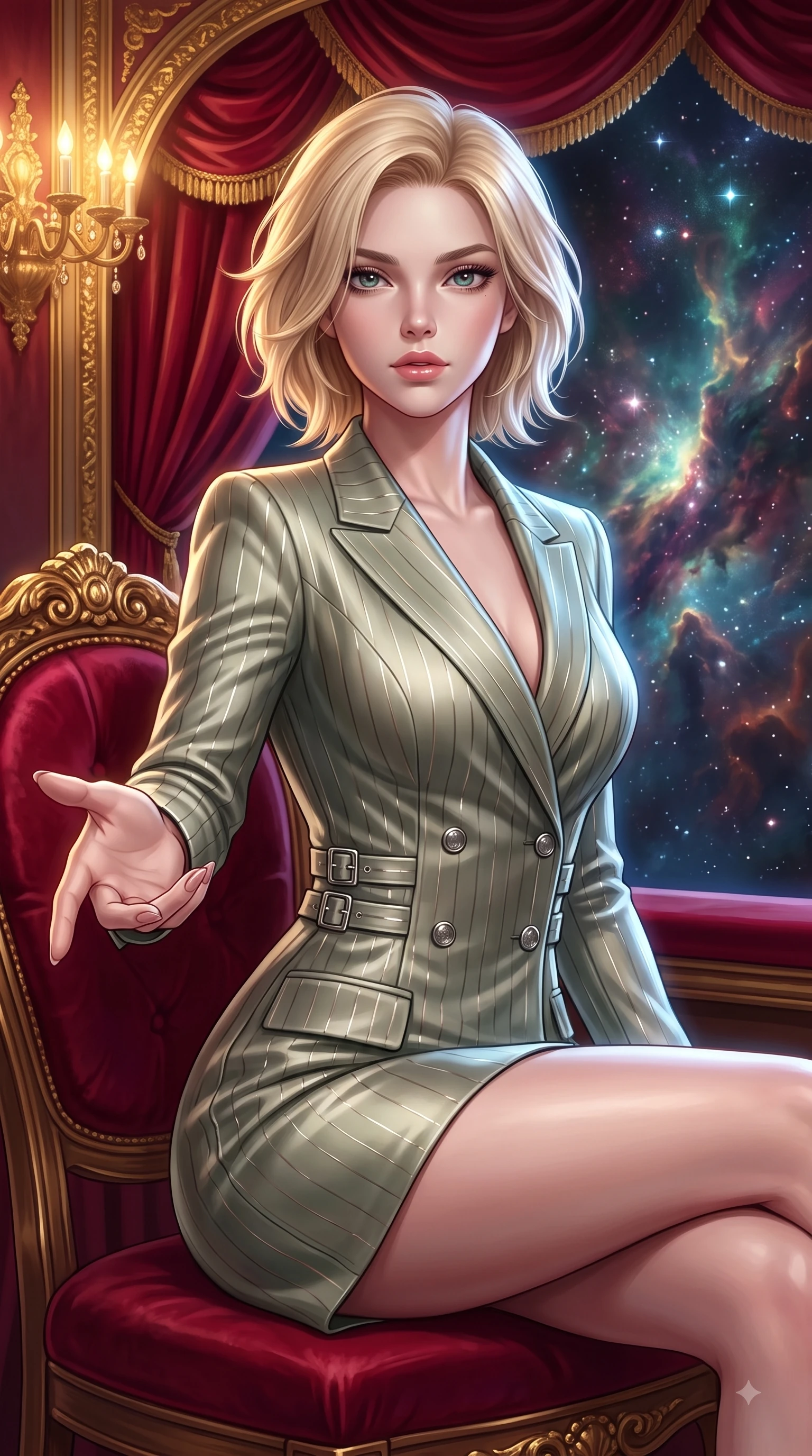 score_9, masterpiece, best quality, ultra-detailed, high-budget anime keyframe, editorial fashion photography, tasteful artistic composition, Caucasian woman. close-up cowboy shot from the waist and thighs up, the character dominates the composition, filling the frame with her large presence, background elements kept in soft focus. Reaching one arm gracefully toward the camera with magnetic poise, displaying her statuesque silhouette while sitting in a private opera box draped in crimson velvet, gazing over a swirling cosmic nebula, rich crimson velvet curtains catching dramatic gold-leaf trim highlights. She has an exceptionally elegant, slender, and willowy female figure with an ultra-slim waist, a gracefully sculpted slender torso, and a refined silhouette. sharp v-shaped jawline, high-bridge nose, intricate jewel-like eyes with depth, thick eyelashes, glossy lips with a natural sheen, flawlessly proportioned anatomical accuracy, natural body alignment, perfectly sculpted elegant limbs, clean dynamic posture without body distortion. wearing a double-breasted blazer dress with subtle metallic pin-stripes in sage green and oatmeal, crafted from lustrous satin jersey with fluid draping, detailed with polished silver buckles along the waistline, the glove-like fit emphasizing her statuesque silhouette during motion. illuminated by radiant cosmic nebula light and warm golden chandelier glow. ultra-reflective glossy finish, specular highlights, metallic sheen, high-contrast stereoscopic depth, volumetric dynamic lighting, 2k, ultra detail, master piece, 9:16 ratio