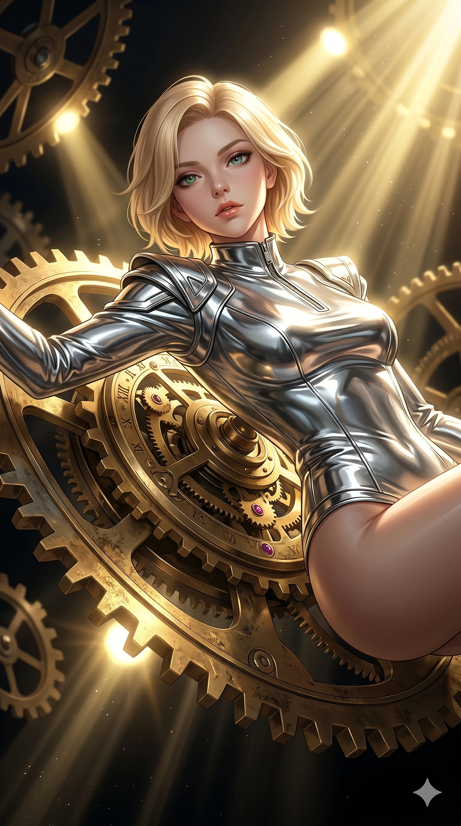 score_9, masterpiece, best quality, ultra-detailed, high-budget anime keyframe, editorial fashion photography, tasteful artistic composition, Caucasian woman, strictly human ears. Upper body close-up from the thighs up, character filling the screen for maximum presence. She is intertwined with massive floating gold gears and clockwork mechanisms suspended in a void. She leans back gracefully, looking at the camera with a dreamy, captivating gaze. She has an absolutely perfect 8-heads proportion, a tall and elegant figure with a refined silhouette and a defined waistline. V-shaped jawline, high-bridge nose, intricate jewel-like eyes with depth, thick eyelashes, glossy lips with a natural sheen. She is wearing a sleek tailored top in liquid-chrome finish that complements her silhouette, styled with sophisticated architectural shoulder accents and a modern zip collar. The scene is illuminated by warm, blindingly bright golden spotlights and sharp volumetric light rays. 2k, ultra detail, master piece, 9:16 ratio
