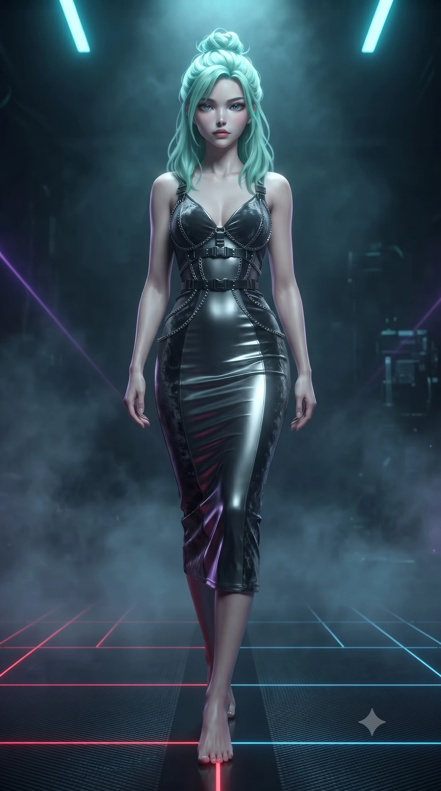 score_9, masterpiece, best quality, ultra-detailed, high-budget anime keyframe, editorial fashion photography, tasteful artistic composition, Japanese woman. low angle full-body shot from head to toe showing her feet, filling the entire 9:16 vertical frame with her statuesque presence, stretching her vertical silhouette. forging confidently through the dark atmospheric mist, holding a poised statuesque stance, poised on a dark carbon-fiber platform while laser calibration grids scan the room, high-contrast matte and gloss texture contrasts on her outfit. She has an absolutely perfect, statuesque 8.5-heads proportion, an exceptionally tall and slender model-like female figure with impossibly long slender legs and an ultra-slim waist. sharp v-shaped jawline, high-bridge nose, intricate jewel-like eyes with depth, thick eyelashes, glossy lips with a natural sheen. wearing fitted liquid mercury jersey maxi dress hugging every curve in metallic dark silver, made of crushed dark silk velvet, framed by dark titanium buckles and silver chain details, the fitted fabric emphasizing her ultra-slim waist. illuminated by sharp cyan stasis light and dark violet laser rim lighting. ultra-reflective glossy finish, specular highlights, metallic sheen, high-contrast stereoscopic depth, volumetric dynamic lighting, 2k, ultra detail, master piece, 9:16 ratio