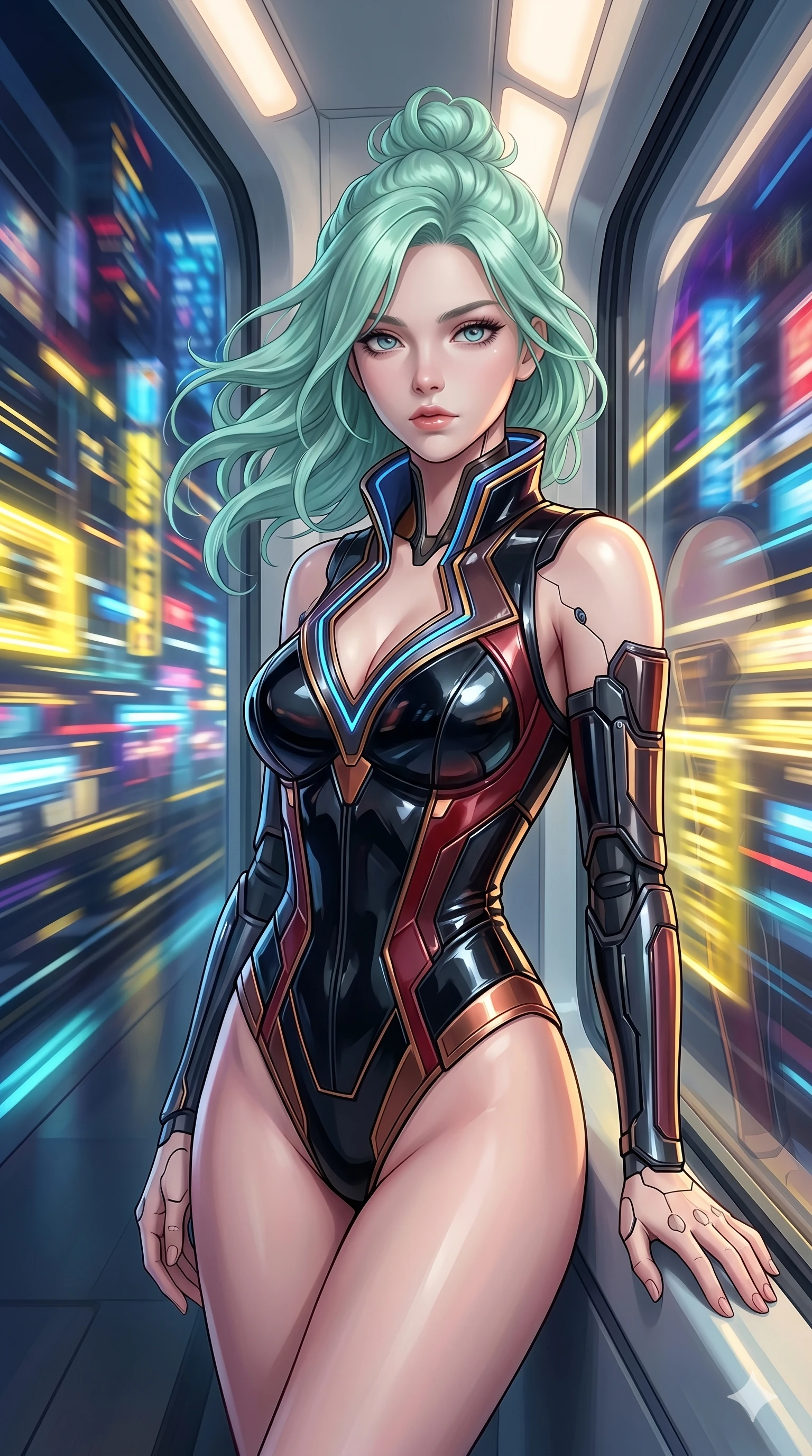 score_9, masterpiece, best quality, ultra-detailed, high-budget anime keyframe, editorial fashion photography, tasteful artistic composition, Japanese woman. Upper body close-up from the thighs up, character filling the screen for maximum presence. She is leaning against a train window in a speeding magnetic train, with city neon lights blurring outside. She turns her face to the camera with a commanding, contemplative expression. She has an absolutely perfect 8-heads proportion, a tall and elegant figure with a refined silhouette and a defined waistline. V-shaped jawline, high-bridge nose, intricate jewel-like eyes with depth, thick eyelashes, glossy lips with a natural sheen. She is wearing a structured cybernetic bodice in glossy vinyl panels, paired with detached sleeves and a refined V-neckline detailed with glowing piping. The scene is bathed in passing yellow and blue city lights and a soft glowing interior ceiling light. 2k, ultra detail, master piece, 9:16 ratio