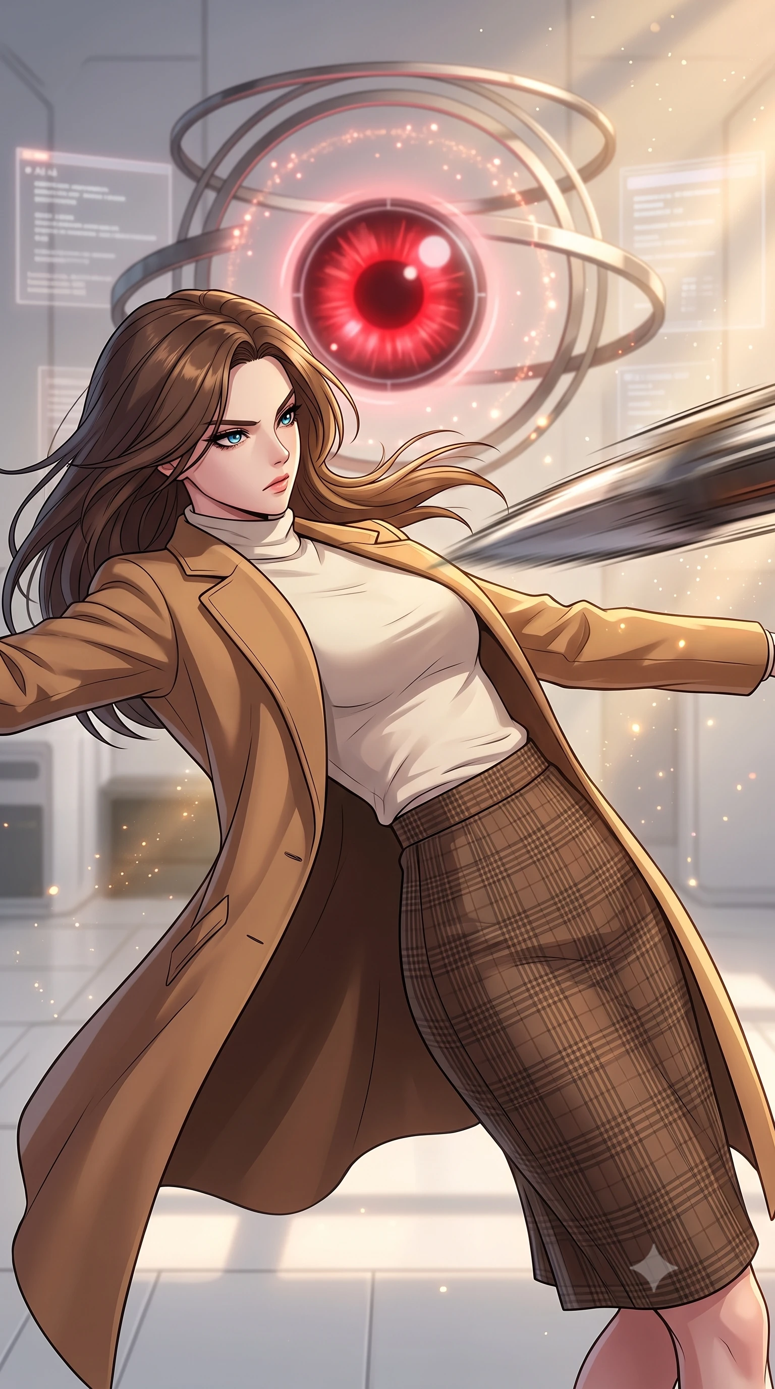 score_9, masterpiece, best quality, ultra-detailed, high-budget anime keyframe, clean line-art, cel-shading, Korean woman. close-up cowboy shot from the waist and thighs up, the character dominates the composition, filling the frame with her large presence, background elements kept in soft focus. Leaning back to dodge a fast strike with fluid grace, casting a cold side-glare. set against a soft-focus background of a futuristic white room where a giant red AI eye floats in the center, surrounded by rotating metal rings and data screens. She has an exceptionally elegant and slender, willowy female figure with an ultra-slim waist, a gracefully sculpted slender torso, and a refined slim physique. sharp v-shaped jawline, high-bridge nose, intricate jewel-like eyes with depth, thick eyelashes, glossy lips with a natural sheen. wearing catching and diffusing the glowing particles, shimmering softly in response to the surrounding light, a slim-fit camel hair overcoat over a soft ivory turtleneck and a brown plaid wool pencil skirt. golden hour sunlight streaming in warm shafts with floating dust particles catching the light. highly saturated vibrant anime colors, intense vivid color palette, volumetric dynamic lighting, 2k, ultra detail, master piece, 9:16 ratio