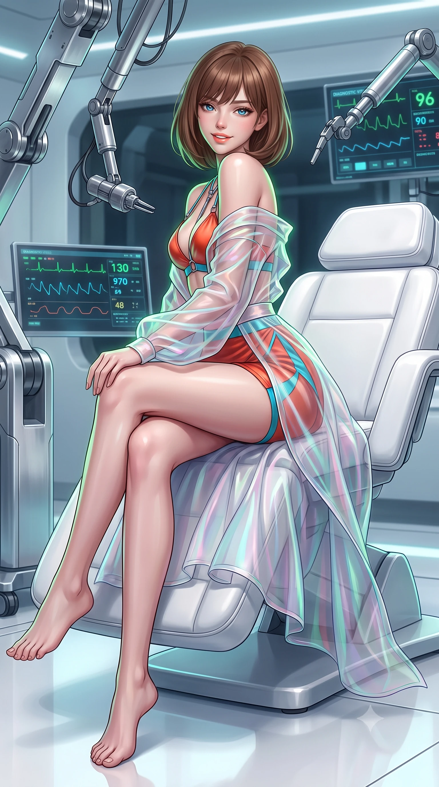 score_9, masterpiece, best quality, ultra-detailed, high-budget anime keyframe, semi-realistic 3D game render, editorial fashion photography, tasteful artistic composition, Caucasian woman. low angle full-body shot from head to toe showing her feet, filling the entire 9:16 vertical frame with her statuesque presence, stretching her vertical silhouette. executing a slow, graceful pivot turn as her skirt sways around her slender legs, glancing back with an enchanting, teasing sensual expression while sitting gracefully on the sculpted white leather treatment chair with legs crossed, flashing a radiant, playful smile with parted glossy lips. The surrounding environment is rendered in vivid detail and crisp panoramic clarity: sharp brushed chrome robotic joint textures, flawless white resin floor reflections, and crisp diagnostic vitals readouts in deep focus. She has an exceptionally tall and slender model-like 8.5-heads proportion, an ultra-slim waist, a flat toned midriff, narrow delicate ribcage, and beautifully sculpted feminine hips creating a graceful, slim hourglass silhouette without any bulky heaviness, with impossibly long slender legs. sharp v-shaped jawline, high-bridge nose, intricate jewel-like sparkling eyes with depth, thick eyelashes, glossy parted lips with a natural peach sheen, bright cheerful beaming smile with an enchanting and coquettish sensual glint, exuding both youthful cute charm and seductive allure, flawlessly proportioned anatomical accuracy, strict slender model proportions, natural body alignment, perfectly sculpted long slender limbs, ultra-slim waistline, clean dynamic posture without body distortion. wearing a translucent iridescent organza tactical robe slipping off bare shoulders over a matching satin micro-bralette and combat shorts in cyber-shinto vermilion and laser turquoise, woven from fine semi-opaque stretch illusion mesh tracing her slender contours, accented with a chrome-drop body harness subtly framing her dewy collarbones and spine, the high-slit wrap tailoring accentuating her ultra-slim waistline and the enchanting curve of her feminine hips with alluring seductive charm. illuminated by white floor reflection bounce and sharp platinum-green rim lights defining her jawline, narrow waist, and curvy hips. highly saturated vibrant anime colors, detailed shading with soft gradients, rich glossy textures, high-contrast stereoscopic depth, volumetric dynamic lighting, master piece, 9:16 ratio