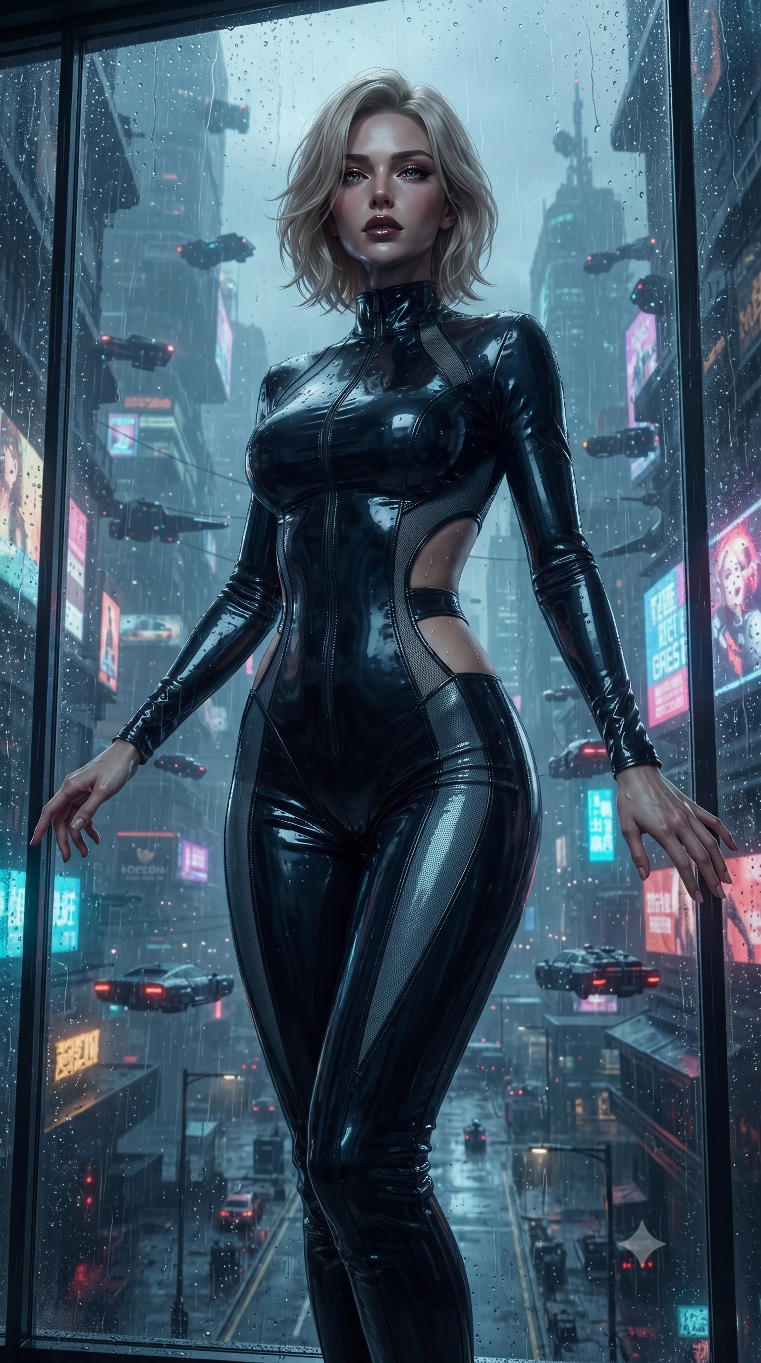 score_9, masterpiece, best quality, ultra-detailed, High-budget Anime Keyframe, editorial fashion photography, tasteful artistic composition, realistic cosplay photography, Caucasian woman, strictly human ears. Low angle cowboy shot filling the entire 9:16 frame with her statuesque presence. Scenario 309: looking out at the rain through a wet glass window near a minimalist glass balcony overlooking a rainy cyberpunk megacity. Her presence is magnetic and overpowering in this high-budget cinematic scene. Outfit 309: a form-contouring patent leather mesh with a strategic side cut-outs and tight-fitting silhouette. The clothing is designed to emphasize her exceptionally tall and slender 8-heads proportion. 8-heads proportion, towering silhouette, ultra-slim waist. sharp v-shaped jawline, intricate jewel-like eyes with depth, thick eyelashes, glossy lips. ultra-reflective glossy finish, specular highlights, metallic sheen, high-contrast stereoscopic depth, volumetric dynamic lighting, 2k, ultra detail, master piece, 9:16 ratio
