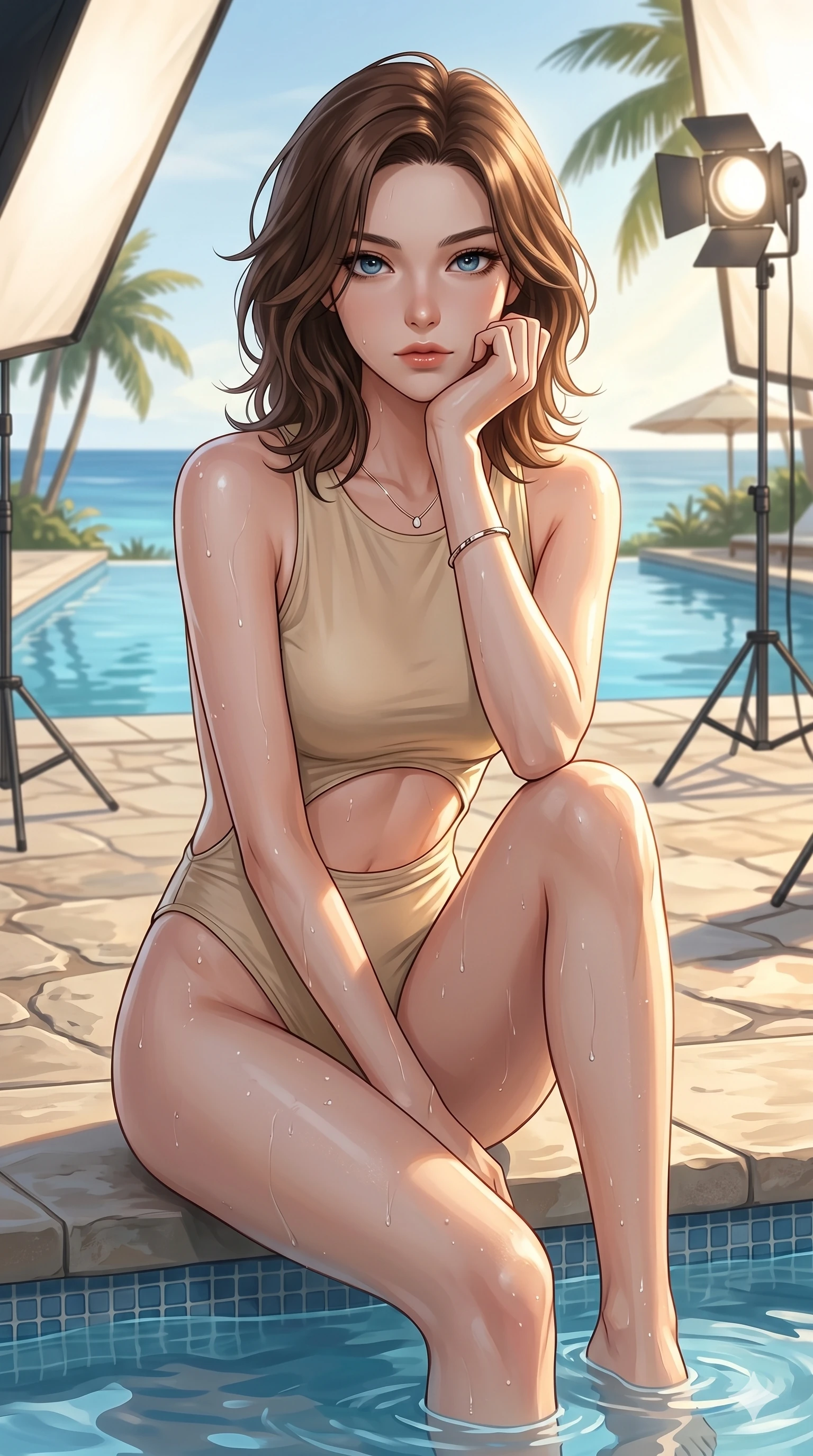 score_9, masterpiece, best quality, ultra-detailed, high-budget anime keyframe, editorial fashion photography, tasteful artistic composition, Korean woman. cowboy shot from the thighs up, character and outfit filling the frame for maximum editorial presence. sitting near the resort pool, resting her chin on her hand, looking directly into the camera inside a professional outdoor photo studio near the shoreline (Code-P19-079). She has an absolutely perfect 8-heads proportion, an exceptionally tall and slender female figure with impossibly long slender legs and an ultra-slim waist. V-shaped jawline, high-bridge nose, intricate jewel-like eyes with depth, thick eyelashes, glossy lips with a natural sheen. wearing a backless swimsuit featuring an exposed midriff and a high-cut leg line in sun-bleached nylon. drenched in soft morning sunshine, tracing her bare shoulders and clavicle lines. 2k, ultra detail, master piece, 9:16 ratio