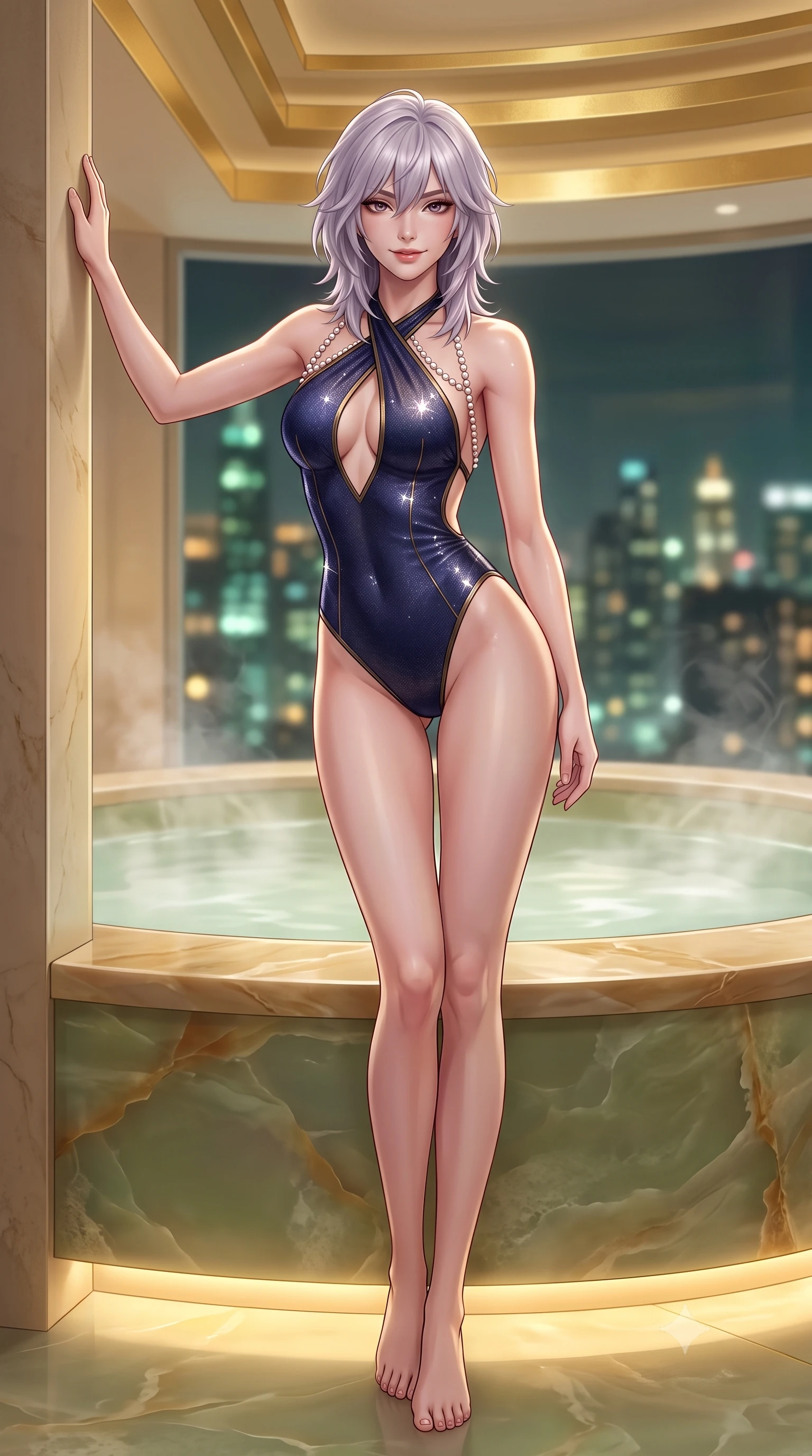 score_9, masterpiece, best quality, ultra-detailed, high-budget anime keyframe, semi-realistic 3D game render, editorial fashion photography, tasteful artistic composition, Japanese woman. low angle full-body shot from head to toe showing her feet, filling the entire 9:16 vertical frame with her statuesque presence, stretching her vertical silhouette. standing tall beside the architectural column, one hand resting high while arching her lower back to emphasize her sculpted feminine hips and slender waist while reclining inside the monumental sunken green onyx soaking tub, arching her spine with seductive indulgence against the warm polished stone rim. The background shows a soft-focus steaming water surface in sunken bath, stepped gold-leaf ceiling cornices, and glittering city skyline outside blurred into jade, honey, and charcoal bokeh. She has an absolutely perfect, statuesque 8.5-heads proportion, an exceptionally tall and slender model-like female figure with impossibly long slender legs, an ultra-slim waist, a flat toned midriff, narrow delicate ribcage, and beautifully sculpted feminine hips creating a graceful, slim hourglass silhouette without any bulky heaviness. sharp v-shaped jawline, high-bridge nose, sparkling eyes with hypnotic seductive depth, thick curled eyelashes, glossy parted lips with a natural dewy peach sheen, alluring bedroom-eyes with an enchanting coquettish smile, exuding magnetic siren charisma and sophisticated glamour, flawlessly proportioned anatomical accuracy, strict slender model proportions, natural body alignment, perfectly sculpted long slender limbs, ultra-slim waistline, clean dynamic posture without body distortion. wearing a criss-cross halterneck keyhole bodysuit with open back and sculpted waist darts in Austrian opera midnight indigo and antique brass, woven from stretch metallic lurex jersey casting radiant starlight glints across her silhouette, accented with a pearl-drop body harness subtly framing her dewy collarbones and spine, the glove-like clinging cut tightly following the natural contour of her hips and long slender legs with youthful 8.5-heads elegance. bathed in soft 2700K concealed warm LED cove lighting beneath the stepped onyx platform mixed with exterior city ambient fill. highly saturated vibrant anime colors, detailed shading with soft gradients, rich glossy textures, high-contrast stereoscopic depth, volumetric dynamic lighting, master piece, 9:16 ratio