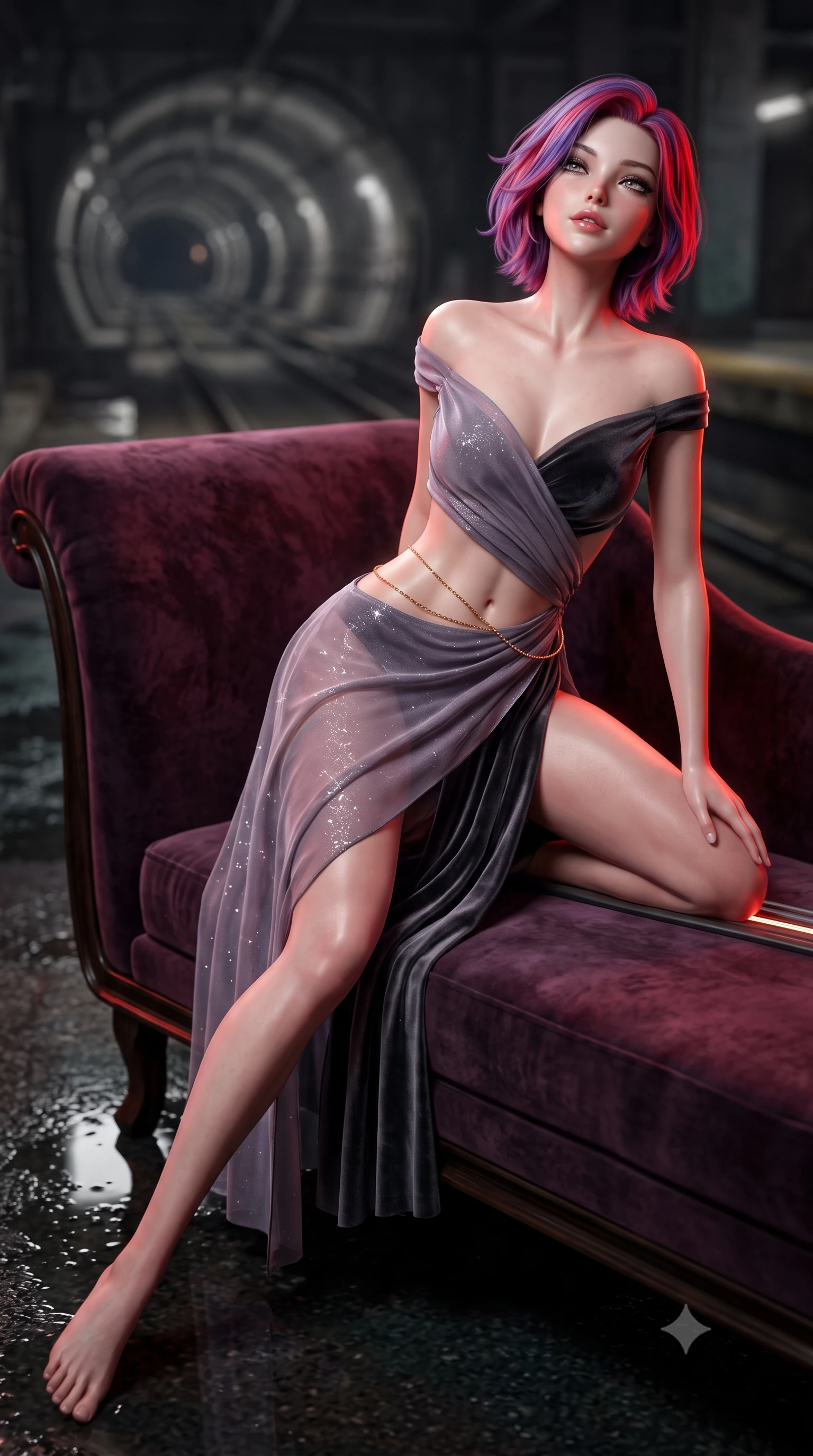 score_9, masterpiece, best quality, ultra-detailed, high-budget anime keyframe, semi-realistic 3D game render, editorial fashion photography, tasteful artistic composition, Caucasian woman. low angle full-body shot from head to toe showing her feet, filling the entire 9:16 vertical frame with her statuesque presence, stretching her vertical silhouette. reclining gracefully across the plush chaise lounge with one leg extended, her sculpted silhouette and flat midriff radiating magnetic nocturnal glamour while crouching poised on the electrified rail cover with one knee bent, looking up with hypnotic bedroom-eyes through dark lashes. The background shows a soft-focus distant tunnel vanishing points softened in gritty underground shallow focus. She has an absolutely perfect, statuesque 8.5-heads proportion, an exceptionally tall and slender model-like female figure with impossibly long slender legs, an ultra-slim waist, a flat toned midriff, narrow delicate ribcage, and beautifully sculpted feminine hips creating a graceful, slim hourglass silhouette without any bulky heaviness. sharp v-shaped jawline, high-bridge nose, sparkling eyes with hypnotic seductive depth, thick curled eyelashes, glossy parted lips with a natural dewy peach sheen, alluring bedroom-eyes with an enchanting coquettish smile, exuding magnetic siren charisma and sophisticated glamour, flawlessly proportioned anatomical accuracy, strict slender model proportions, natural body alignment, perfectly sculpted long slender limbs, ultra-slim waistline, clean dynamic posture without body distortion. wearing a delicate sheer gossamer chiffon ballet wrap dress slipping off bare shoulders with a daring hip-high leg slit in dusky lavender mist and dark charcoal velvet, woven from stretch metallic lurex jersey casting radiant starlight glints across her silhouette, accented with a dainty gold belly chain resting across her flat midriff and curving hips, the liquid-tight tailored fabric clinging flawlessly to her narrow waist and rounded feminine hips, emphasizing every millimeter of her sculpted slim hourglass curves without any bulky heaviness. illuminated by wet track puddle bounce and sharp deep-red rim lights sculpting her jawline, flat midriff, and voluptuous hip curves. highly saturated vibrant anime colors, detailed shading with soft gradients, rich glossy textures, high-contrast stereoscopic depth, volumetric dynamic lighting, master piece, 9:16 ratio